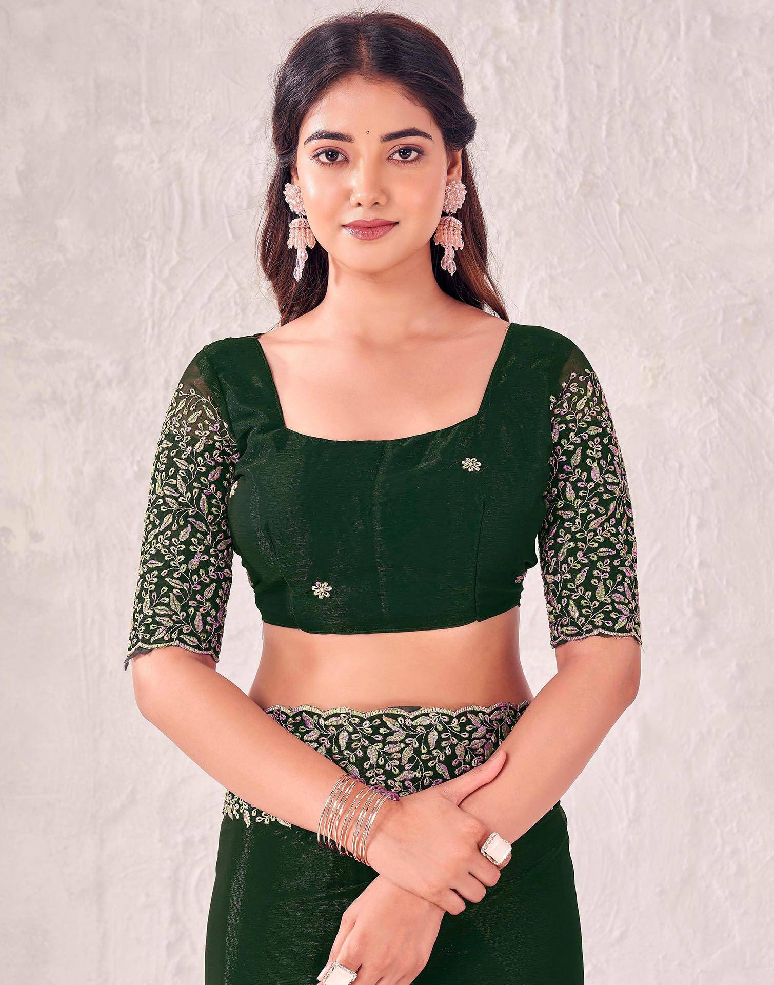 Dark Green Chiffon Embroidery Saree - Image 7