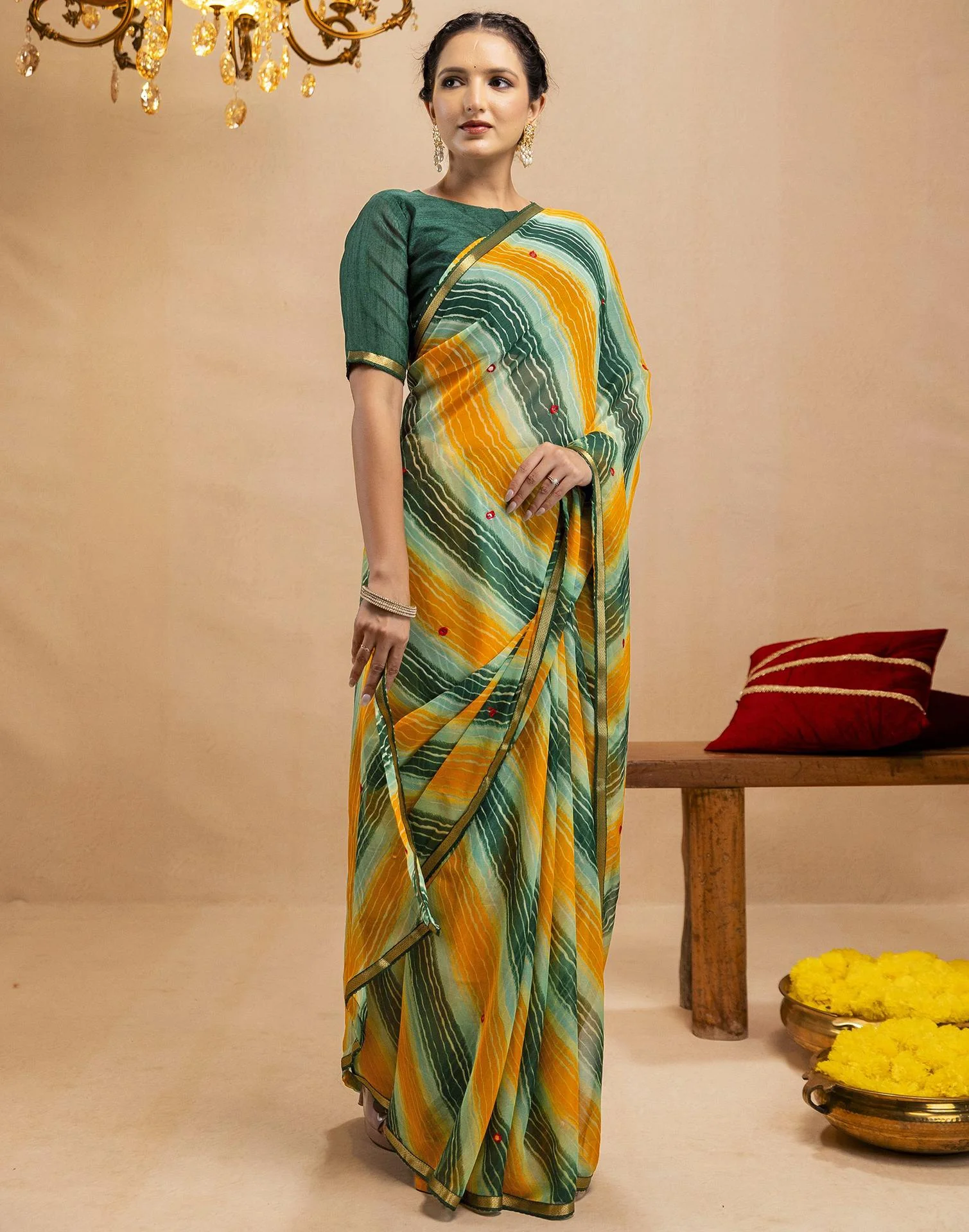 Dark Green Chiffon Mirror Work Laheria Printed Saree - Image 6
