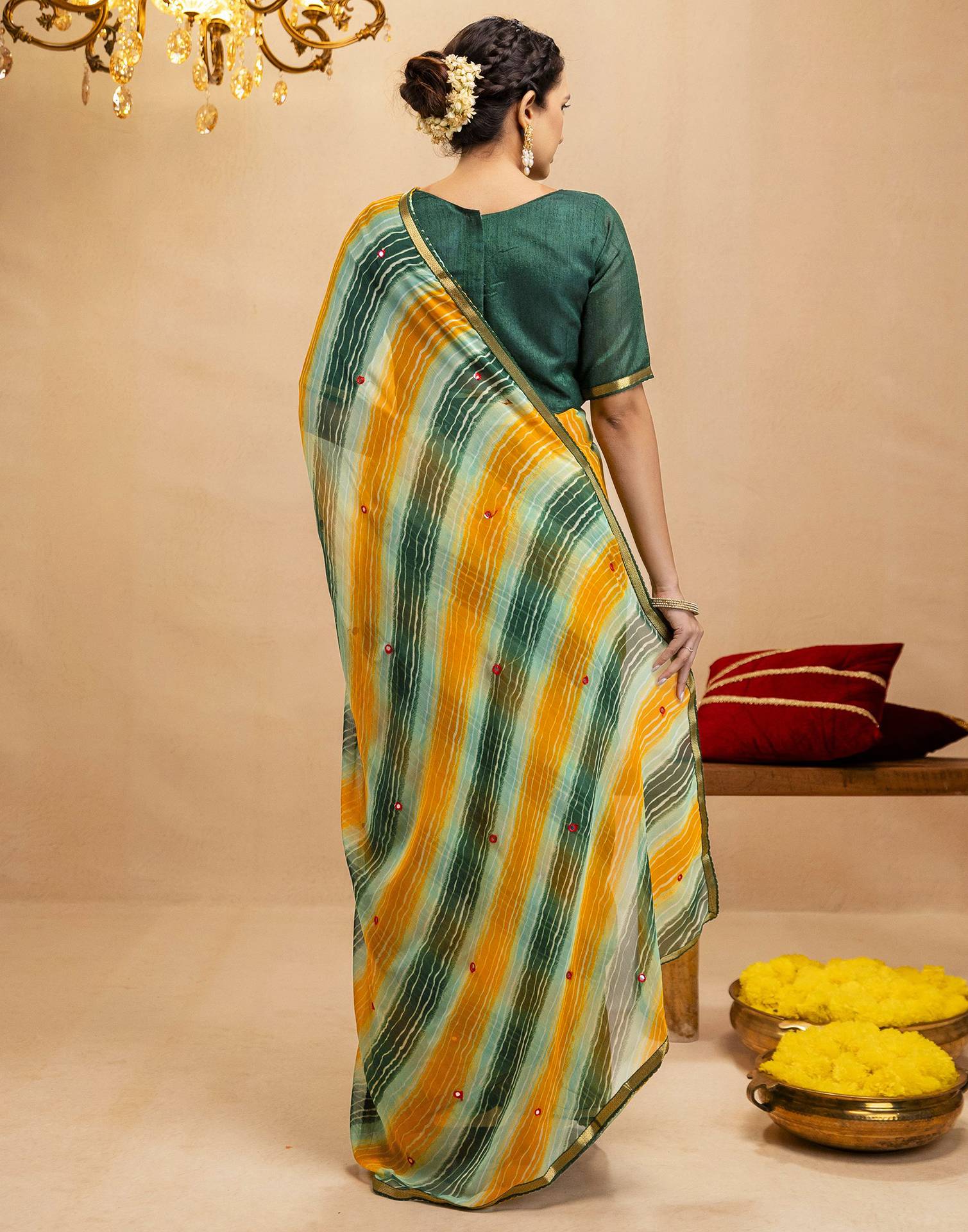 Dark Green Chiffon Mirror Work Laheria Printed Saree - Image 7