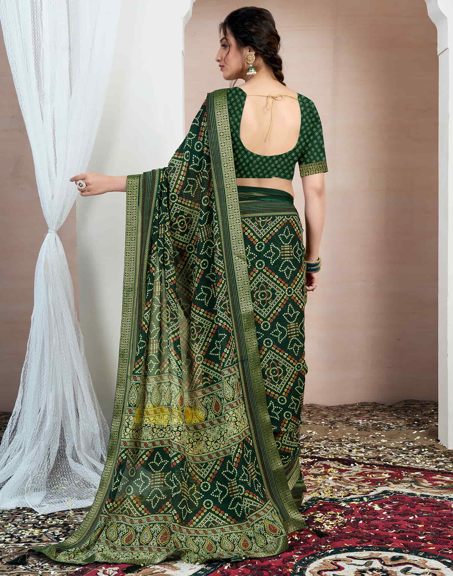 Dark Green Chiffon Printed Bandhani Saree - Image 6