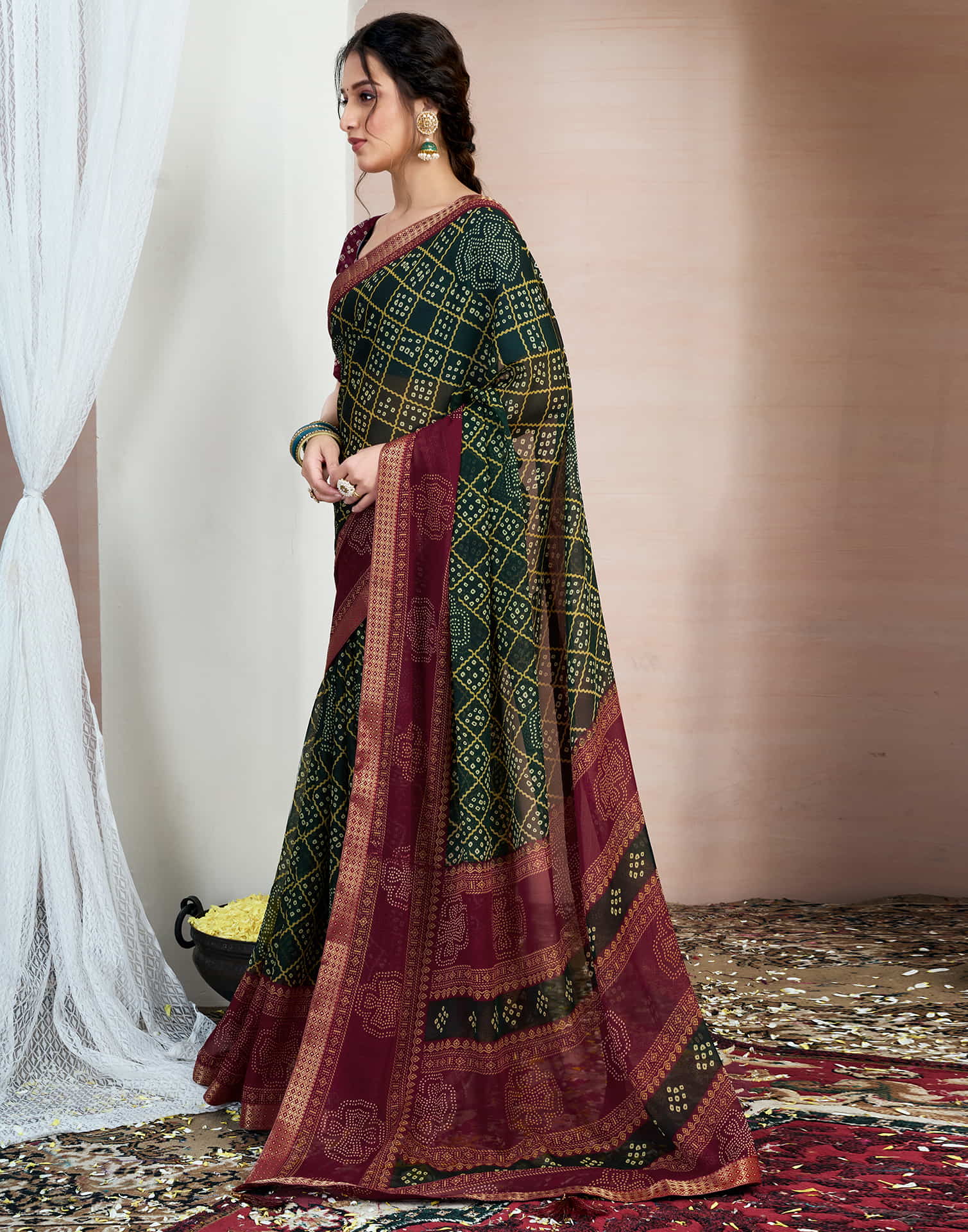 Dark Green Chiffon Printed Bandhani Saree - Image 5