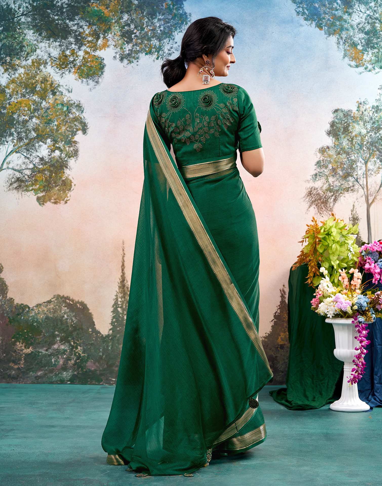 Dark Green Chiffon Woven Border Saree - Image 5