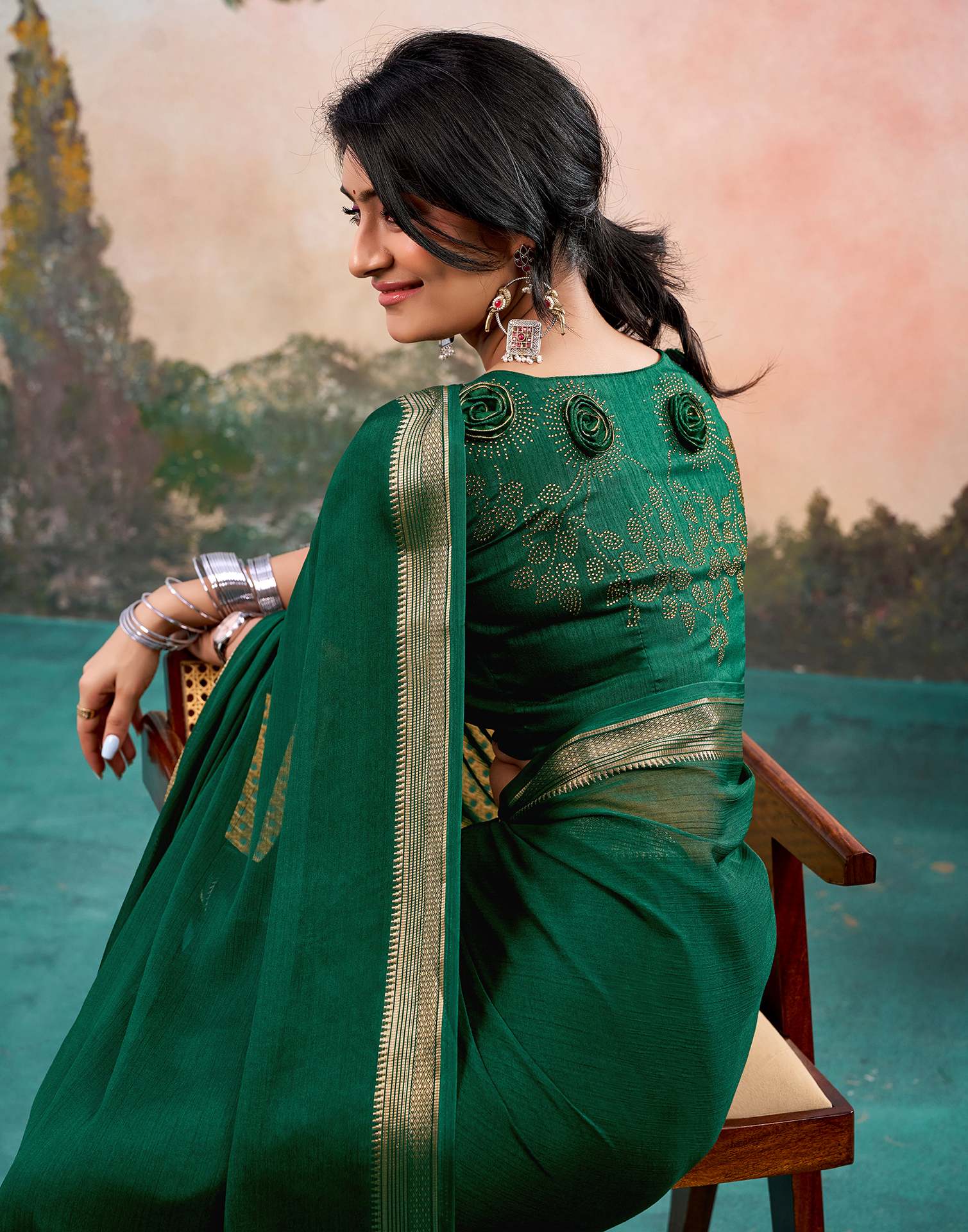 Dark Green Chiffon Woven Border Saree - Image 6
