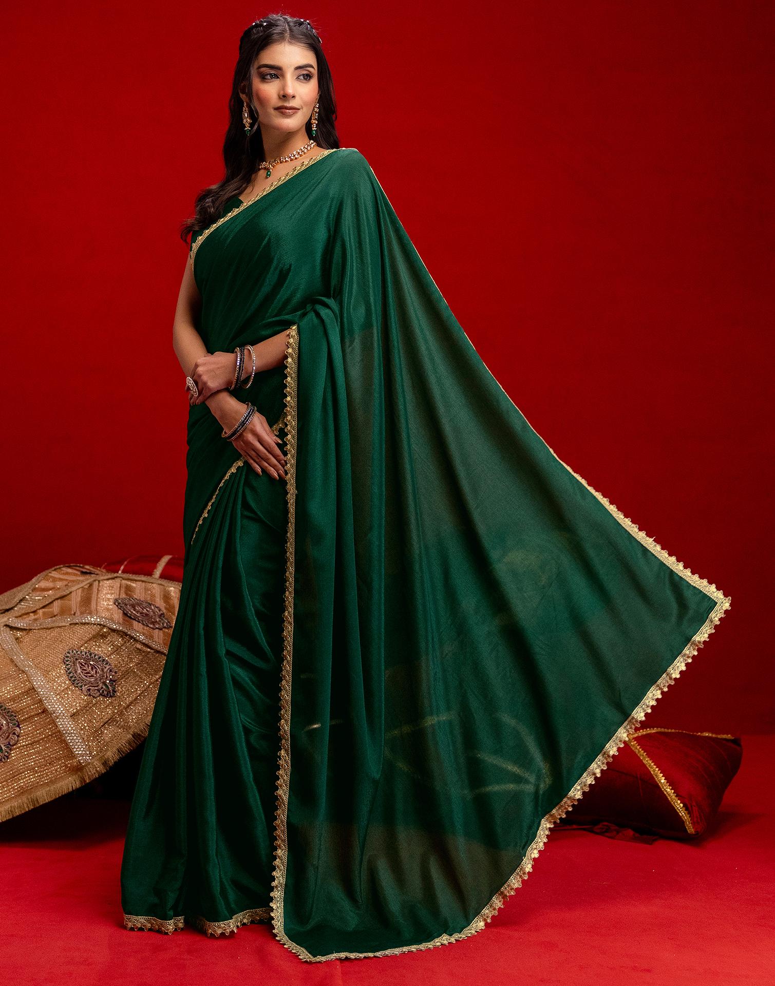 Dark Green Chinon Lace Saree - Image 4