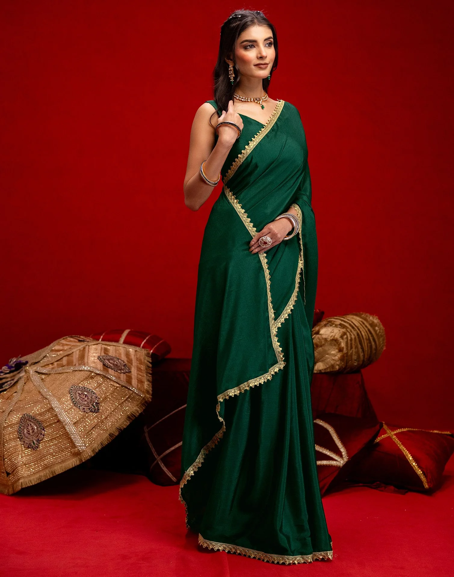 Dark Green Chinon Lace Saree - Image 5