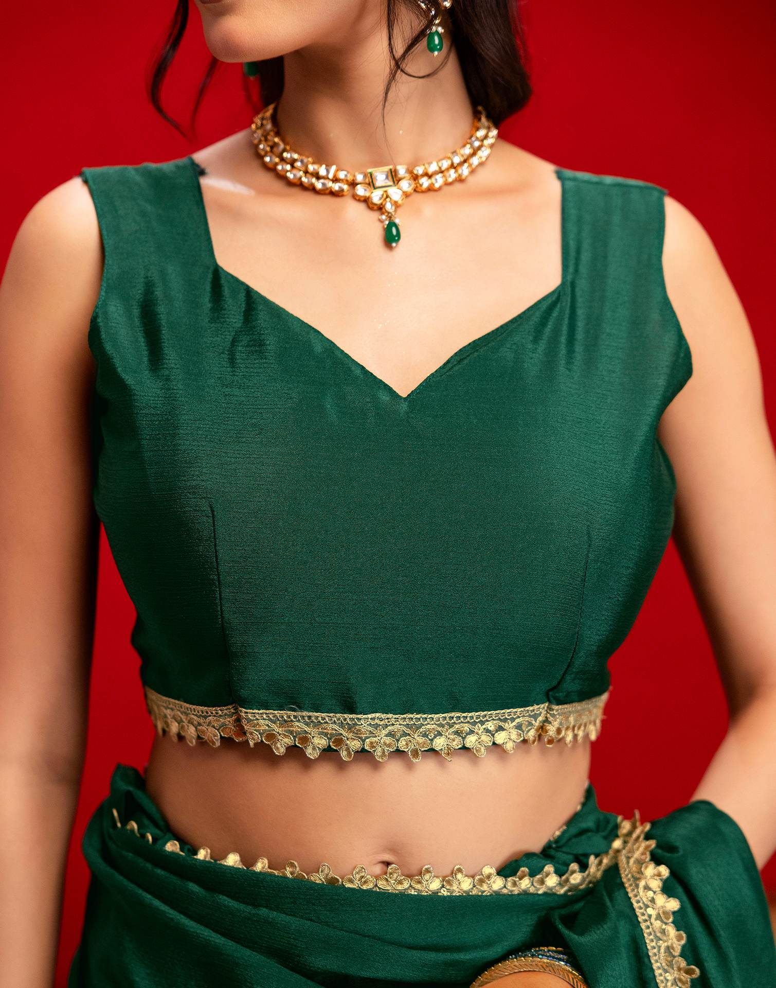 Dark Green Chinon Lace Saree - Image 8