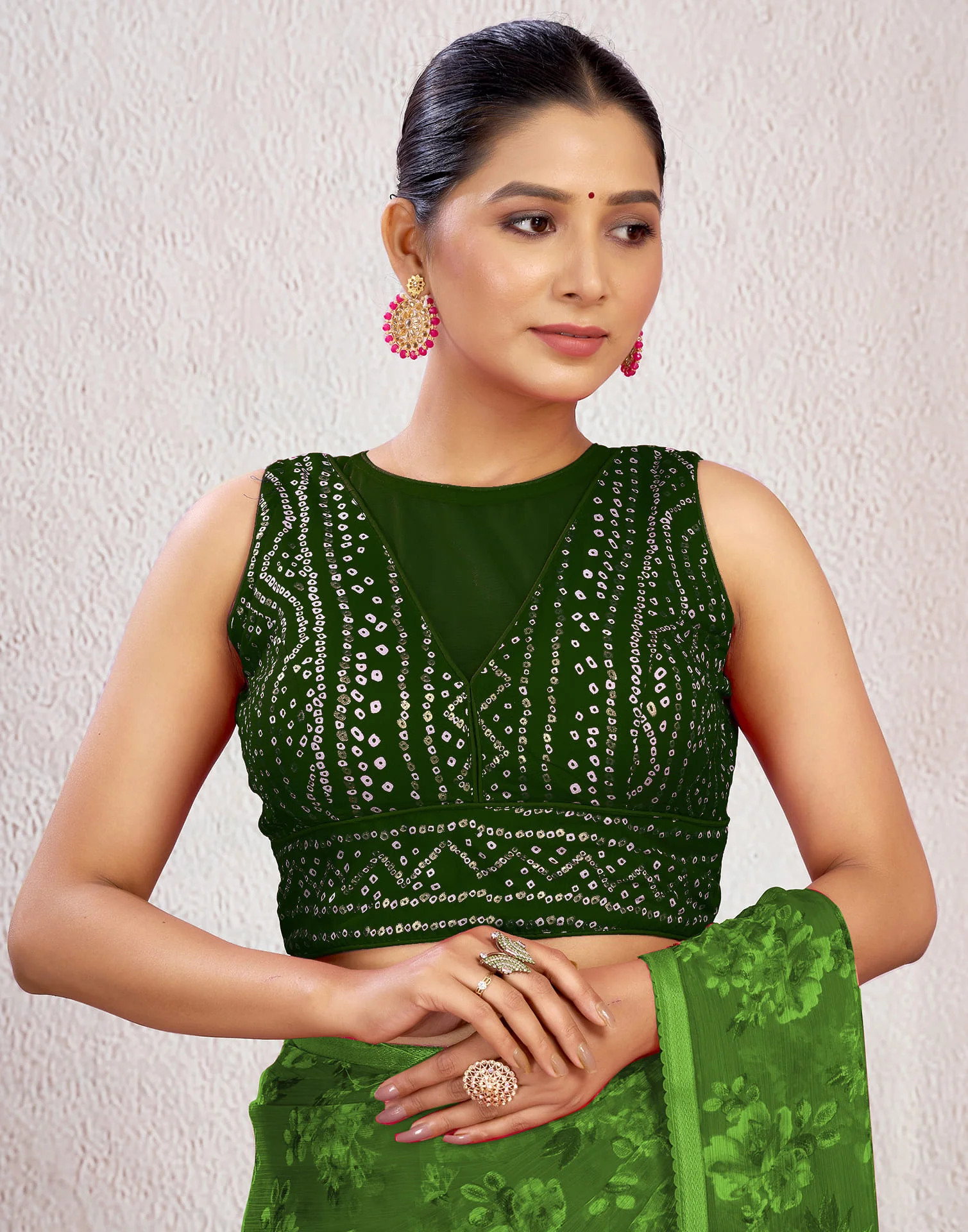 Dark Green Cotton Bandhani Printed Blouse - Image 6