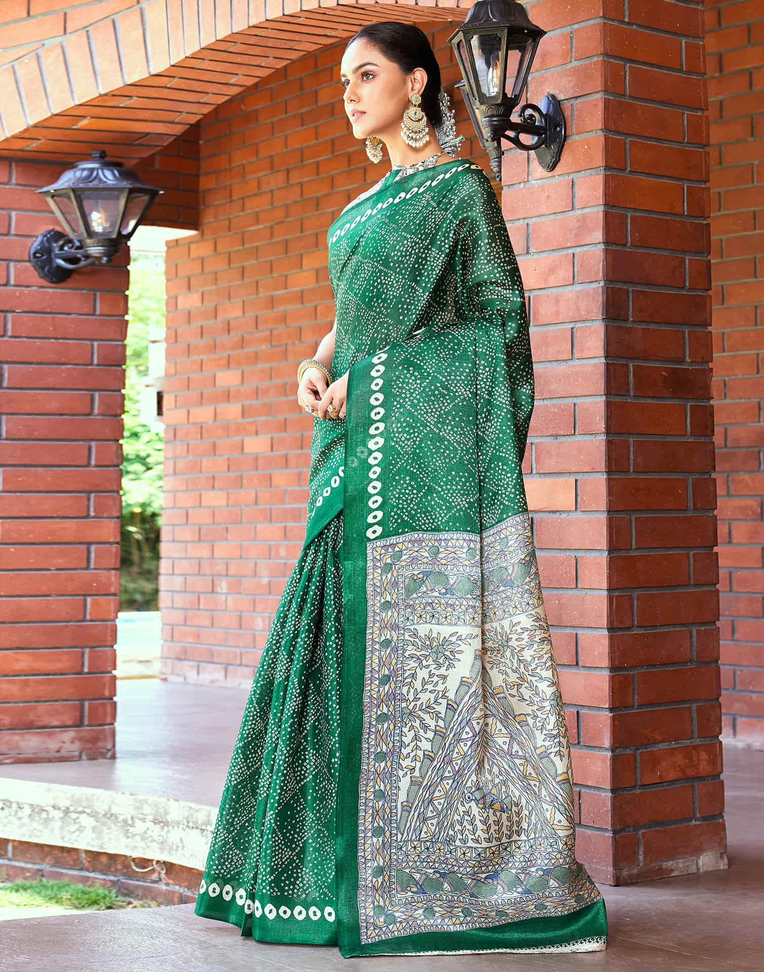Dark Green Cotton Blend Bandhani Printed Saree - Image 5