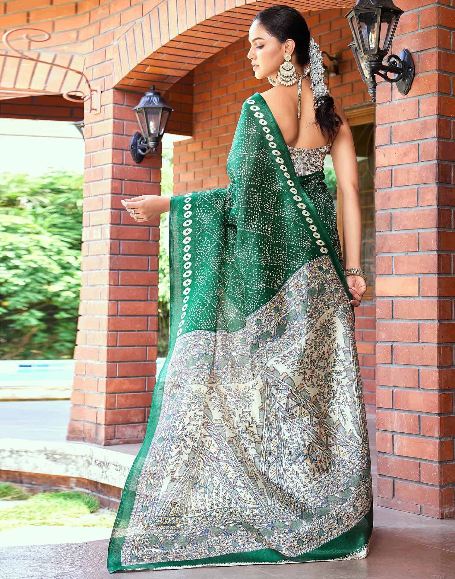 Dark Green Cotton Blend Bandhani Printed Saree - Image 6