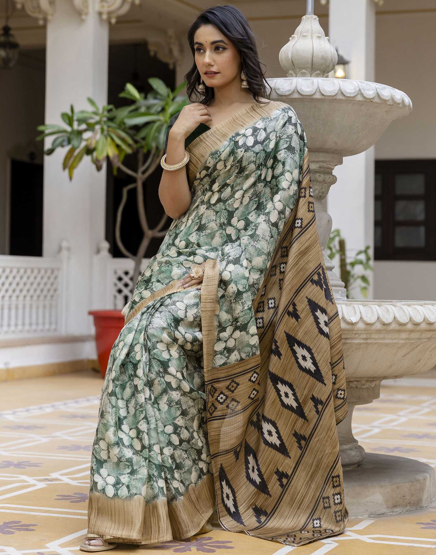 Dark Green Cotton Blend Printed Saree - Image 7