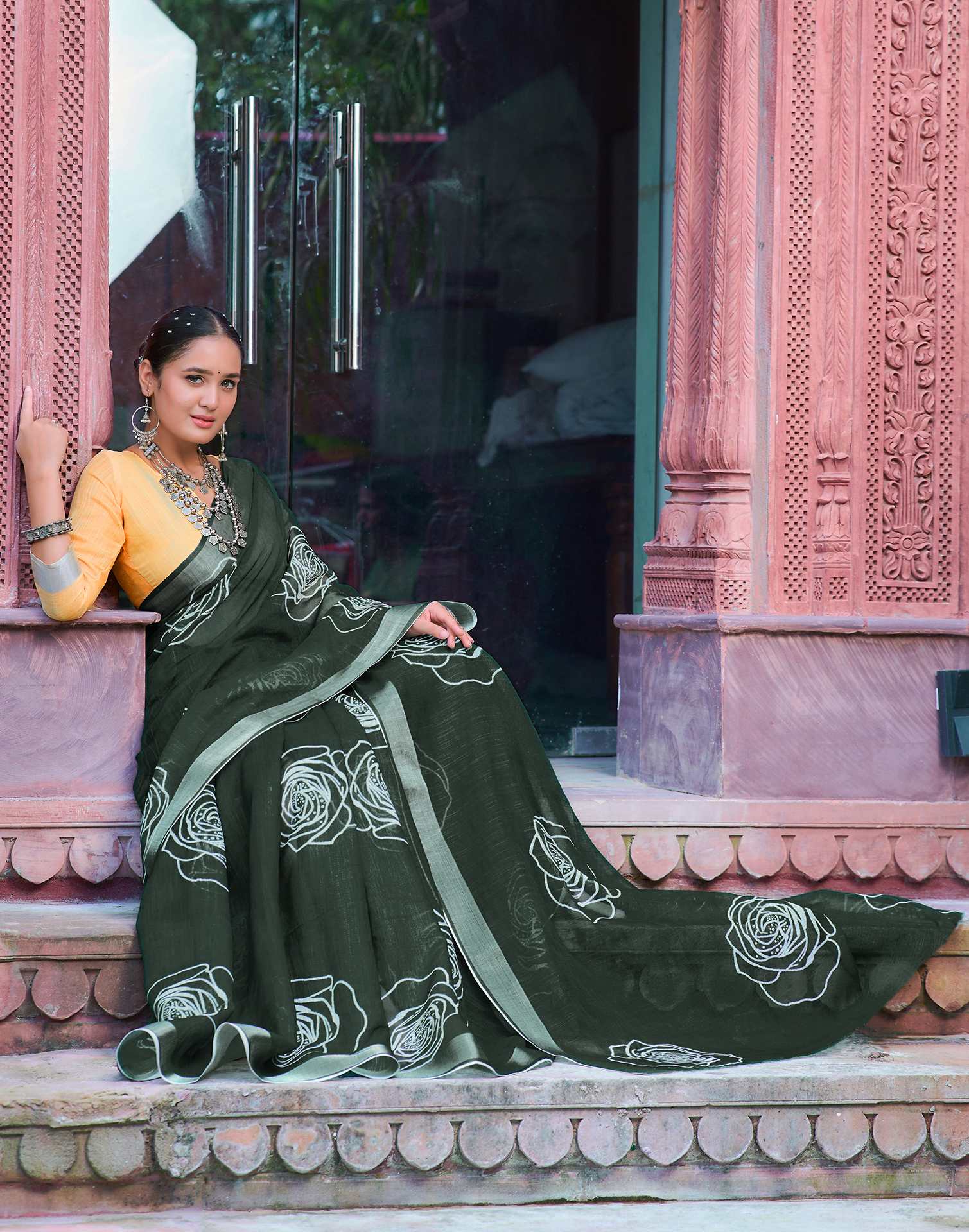 Dark Green Cotton Linen Printed Saree - Image 4