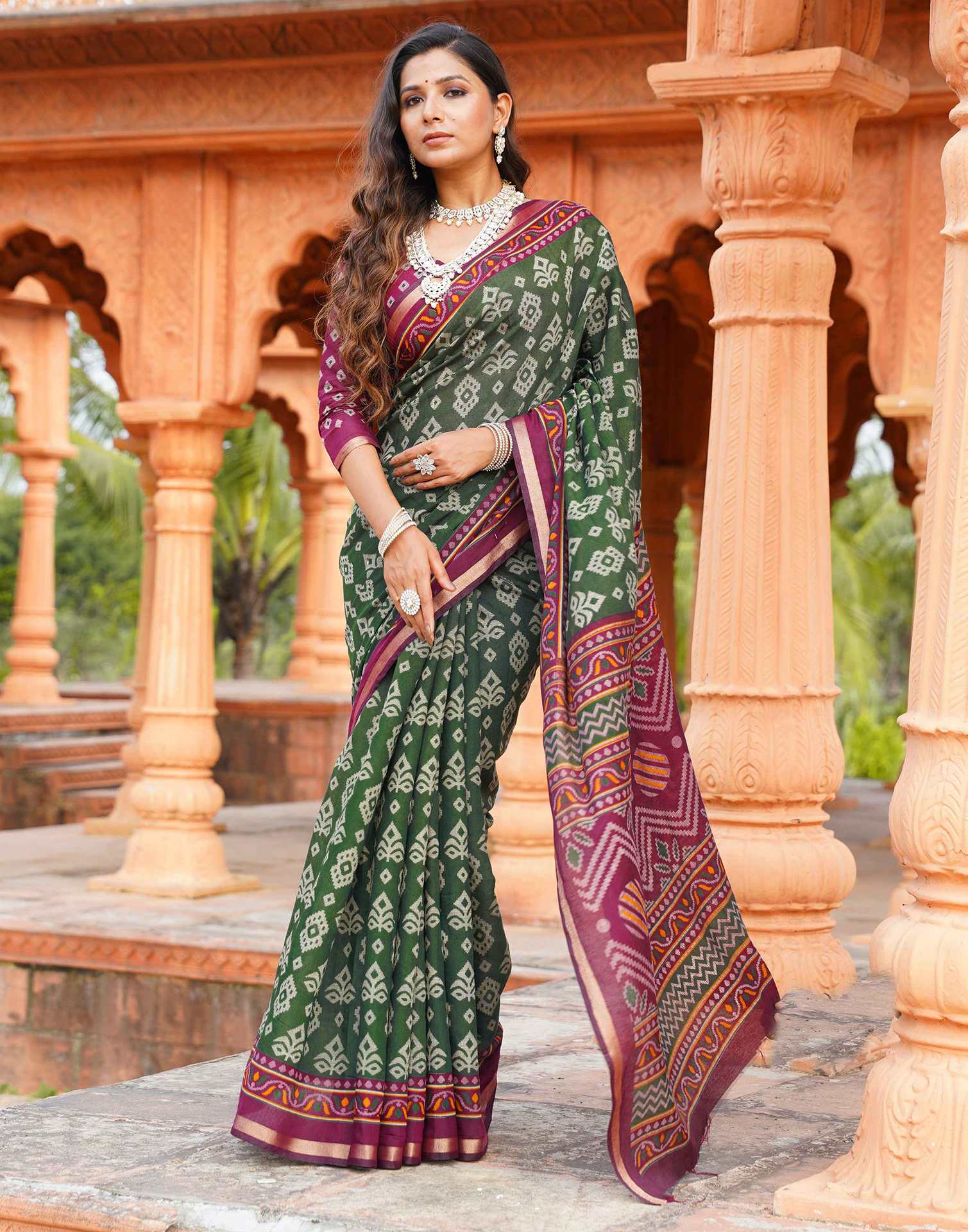 Dark Green Cotton Printed Patola Saree - Image 4
