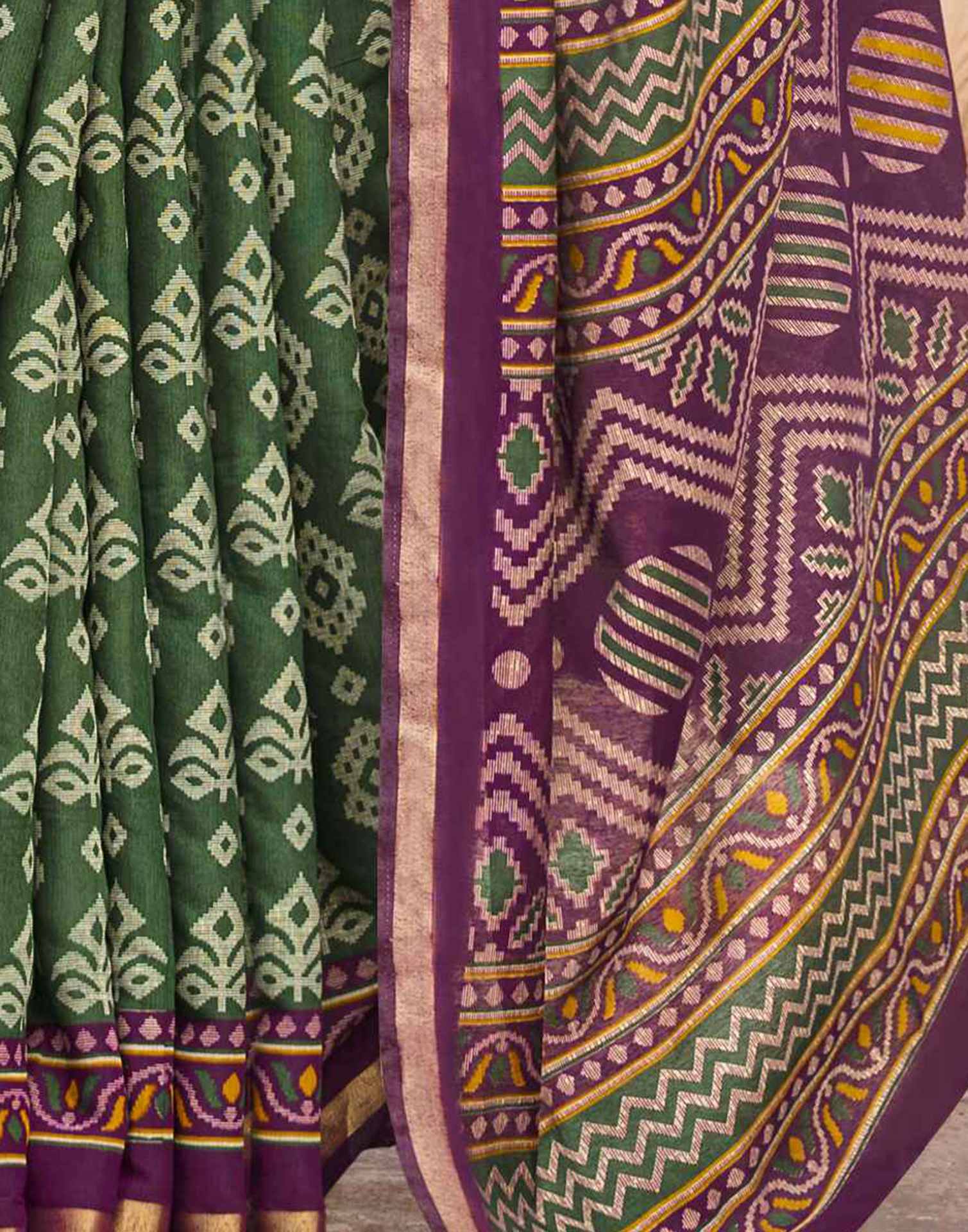 Dark Green Cotton Printed Patola Saree - Image 6