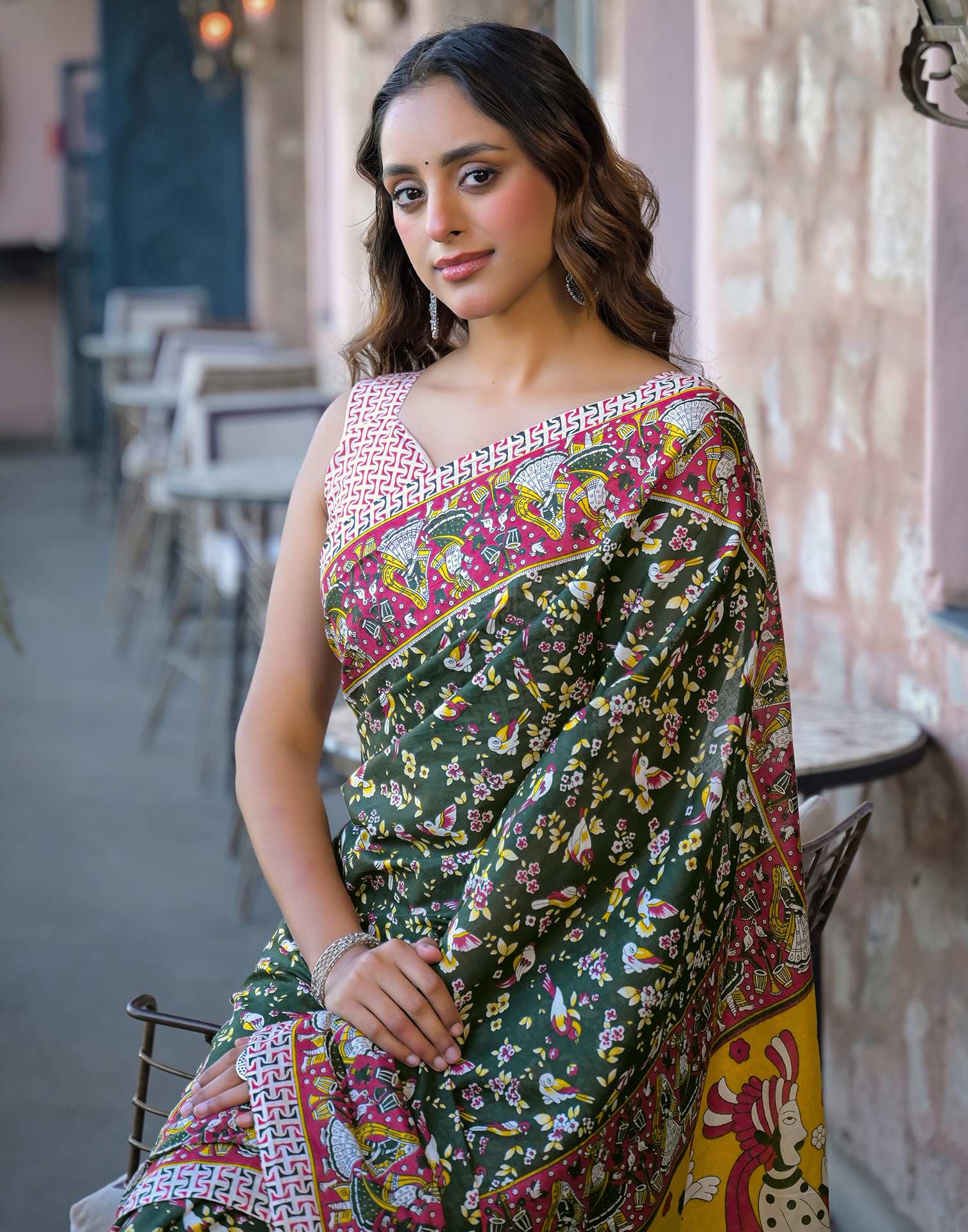 Dark Green Cotton Printed Saree - Image 2