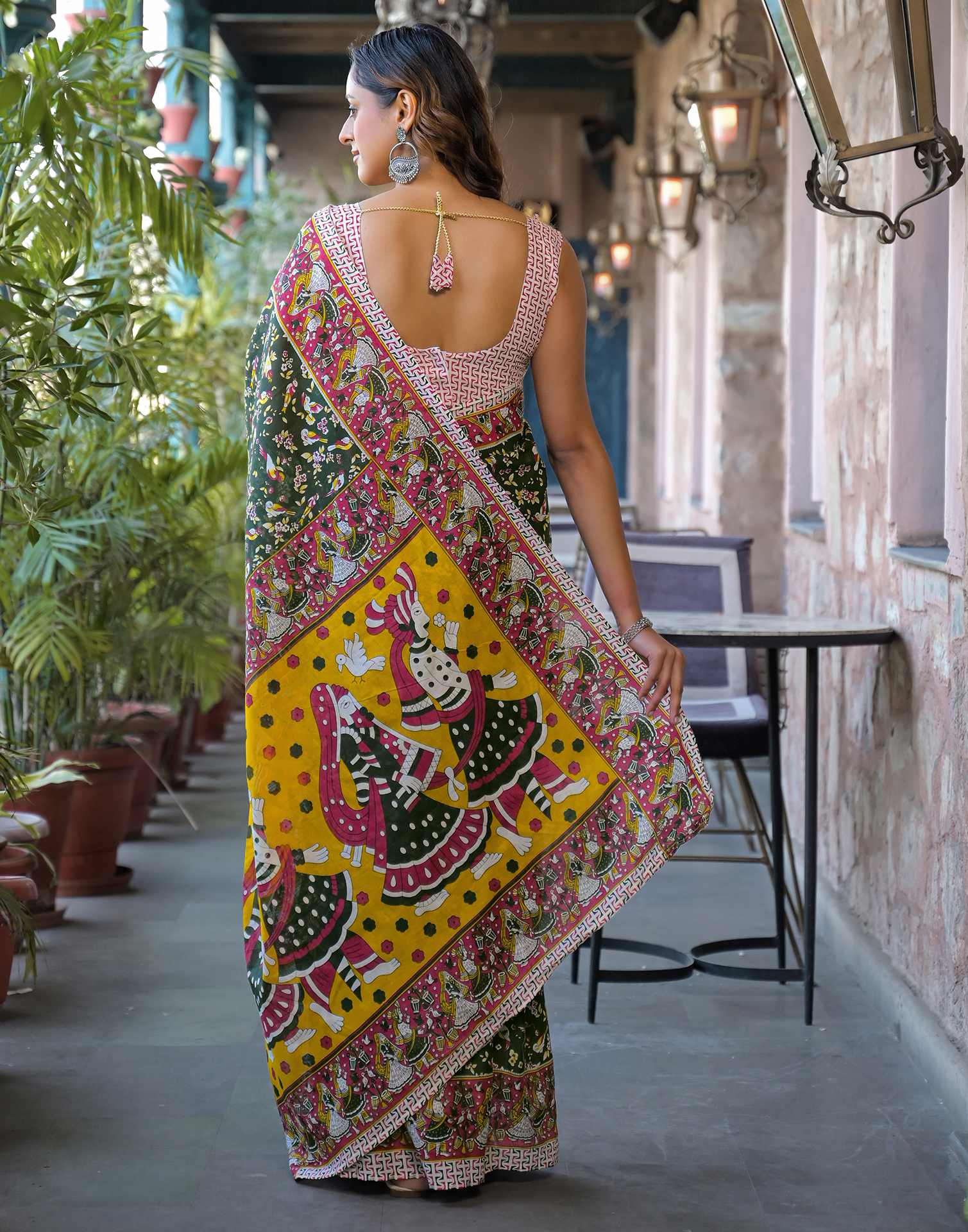 Dark Green Cotton Printed Saree - Image 6