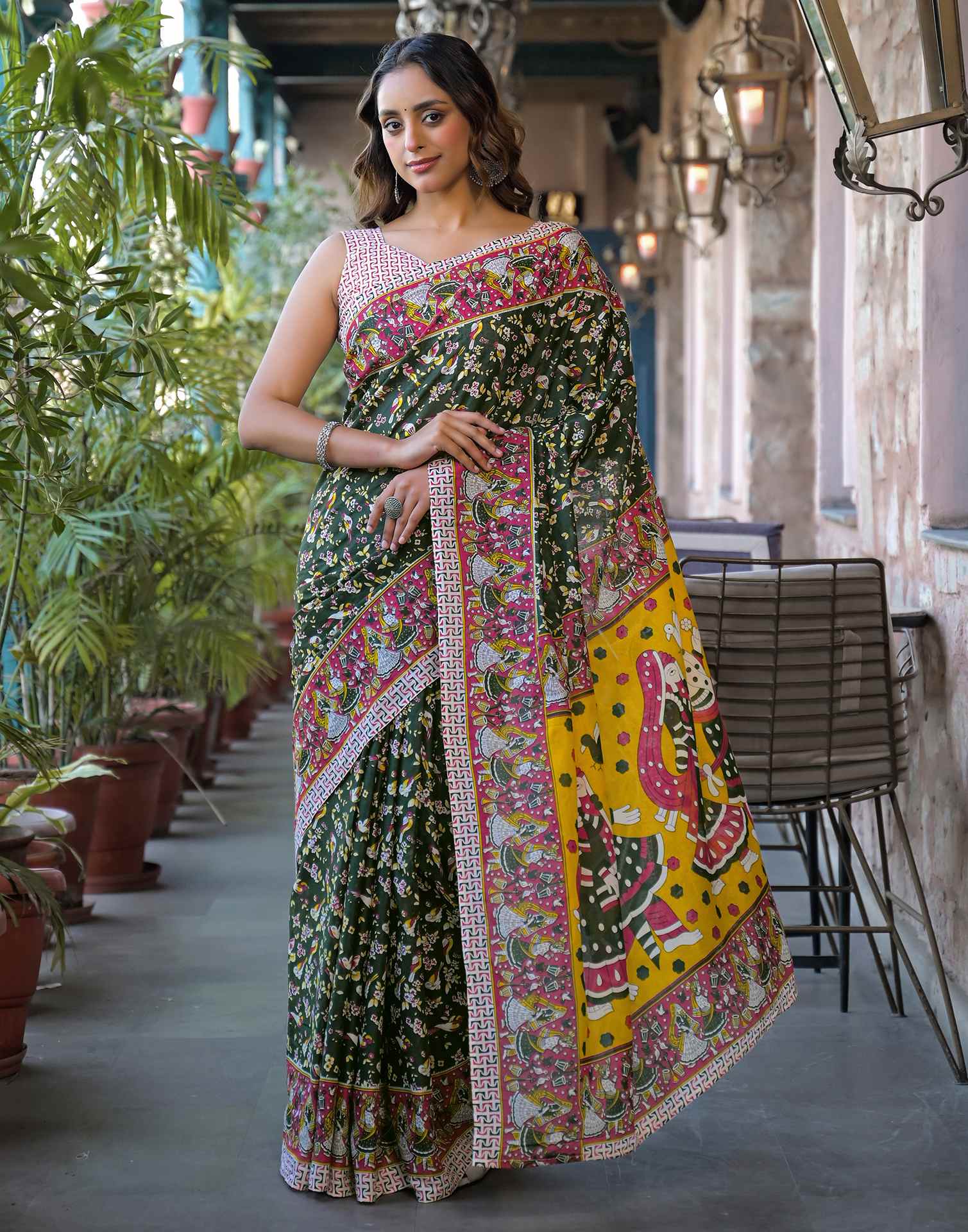 Dark Green Cotton Printed Saree - Image 8