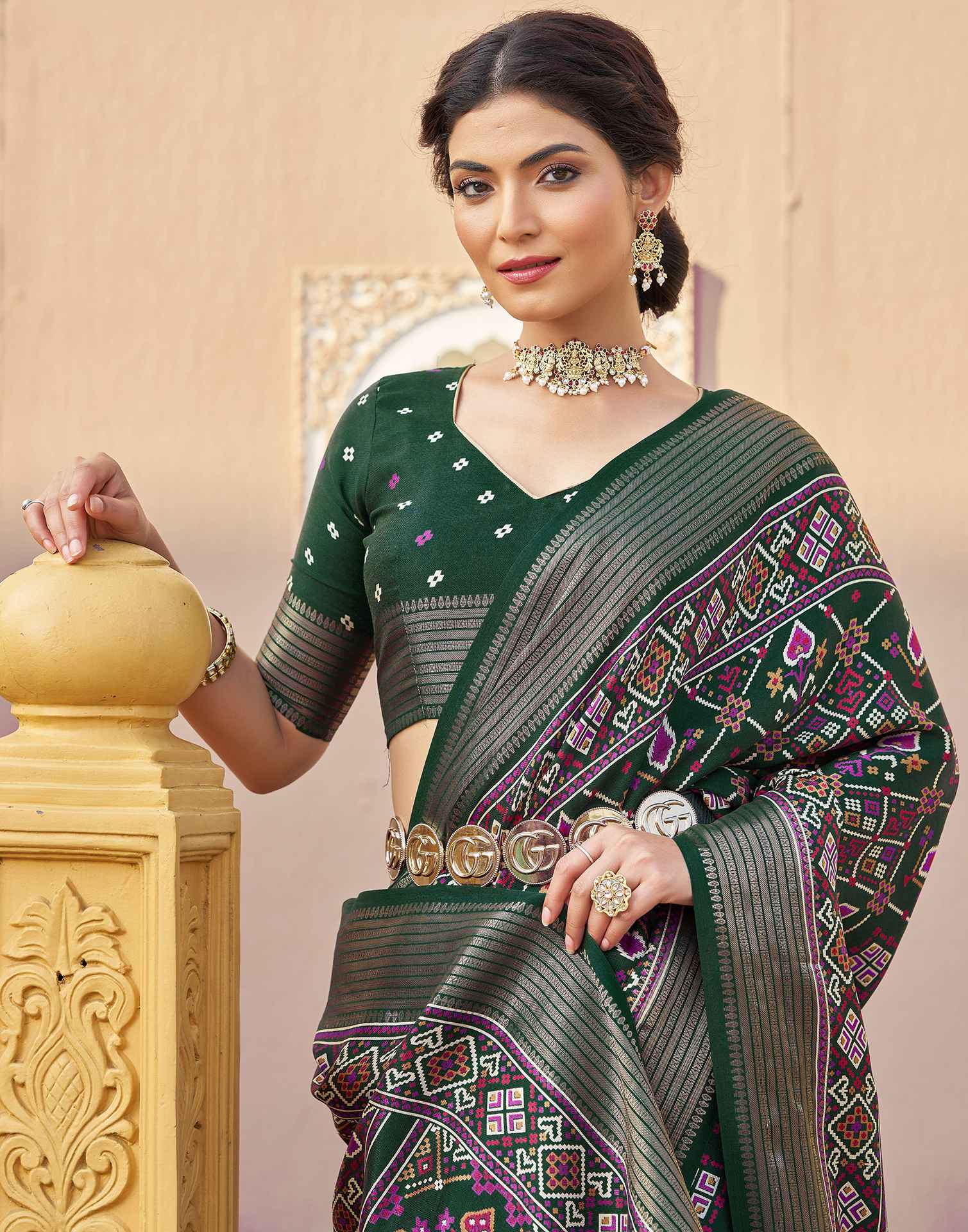 Dark Green Silk Printed Patola Saree - Image 2