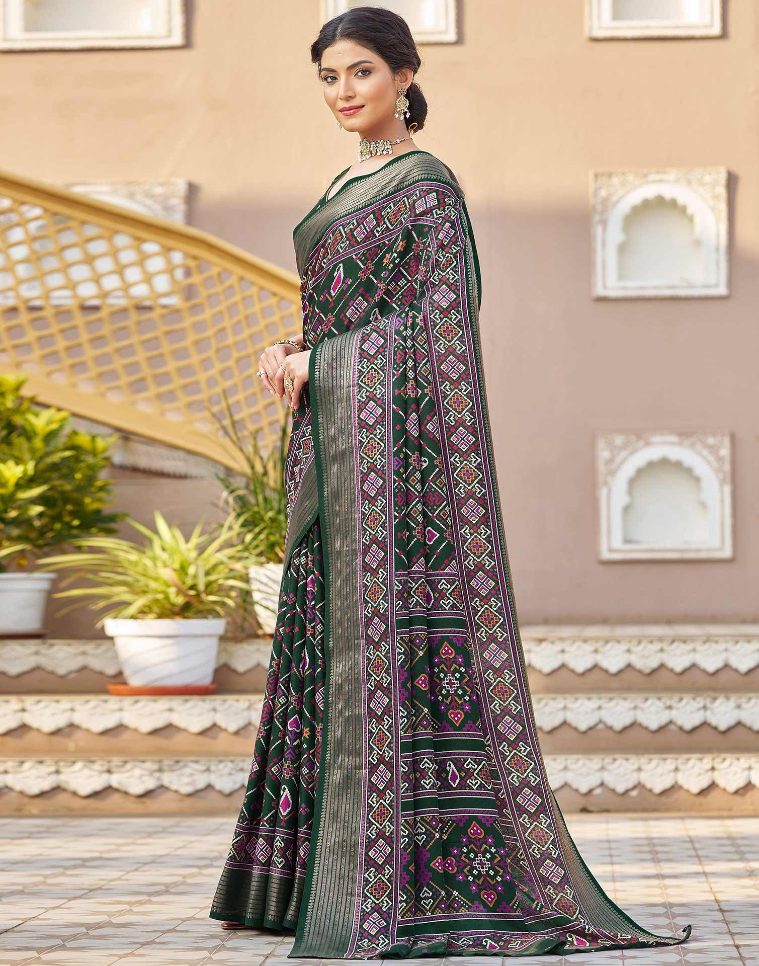 Dark Green Silk Printed Patola Saree - Image 4