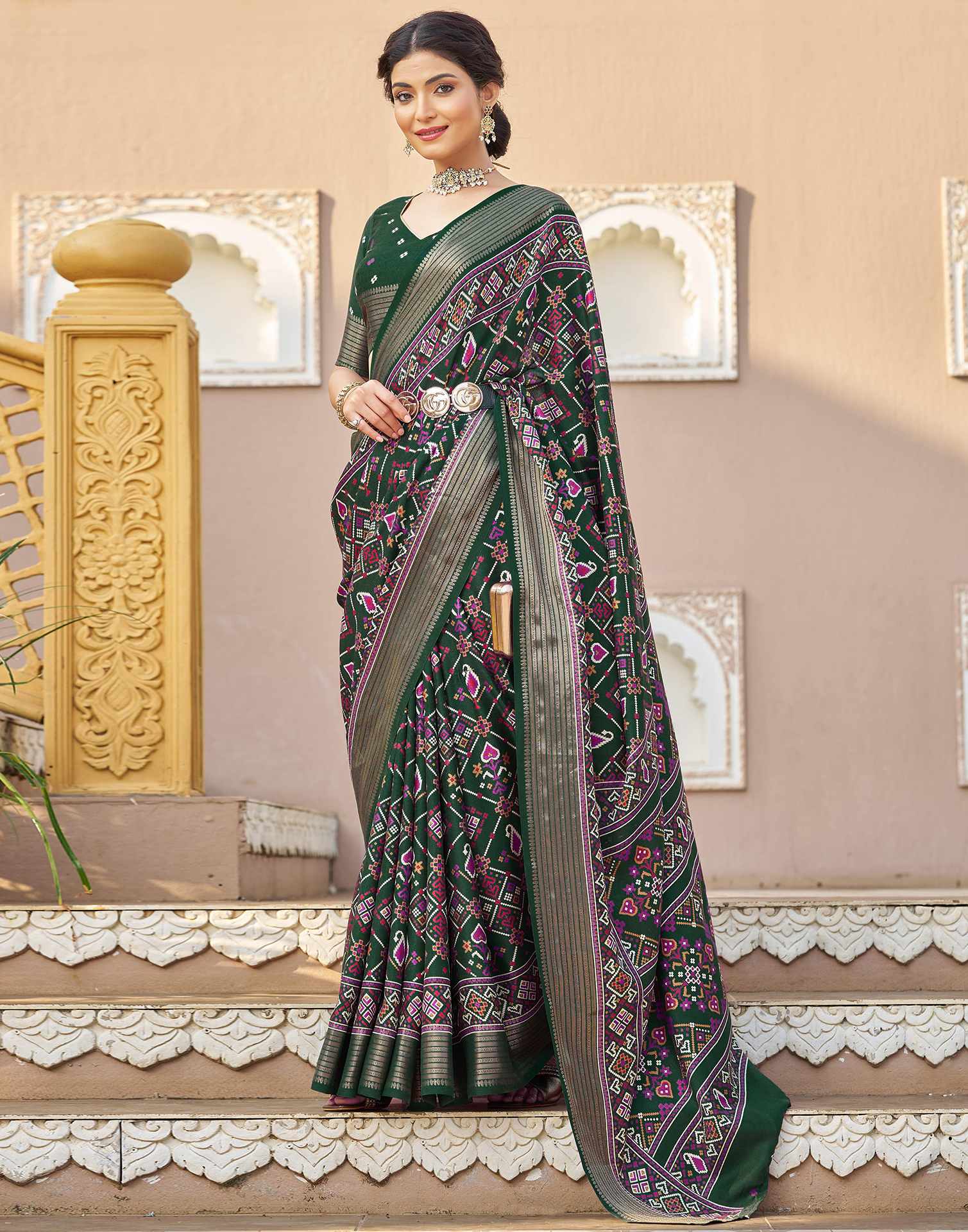 Dark Green Silk Printed Patola Saree - Image 5