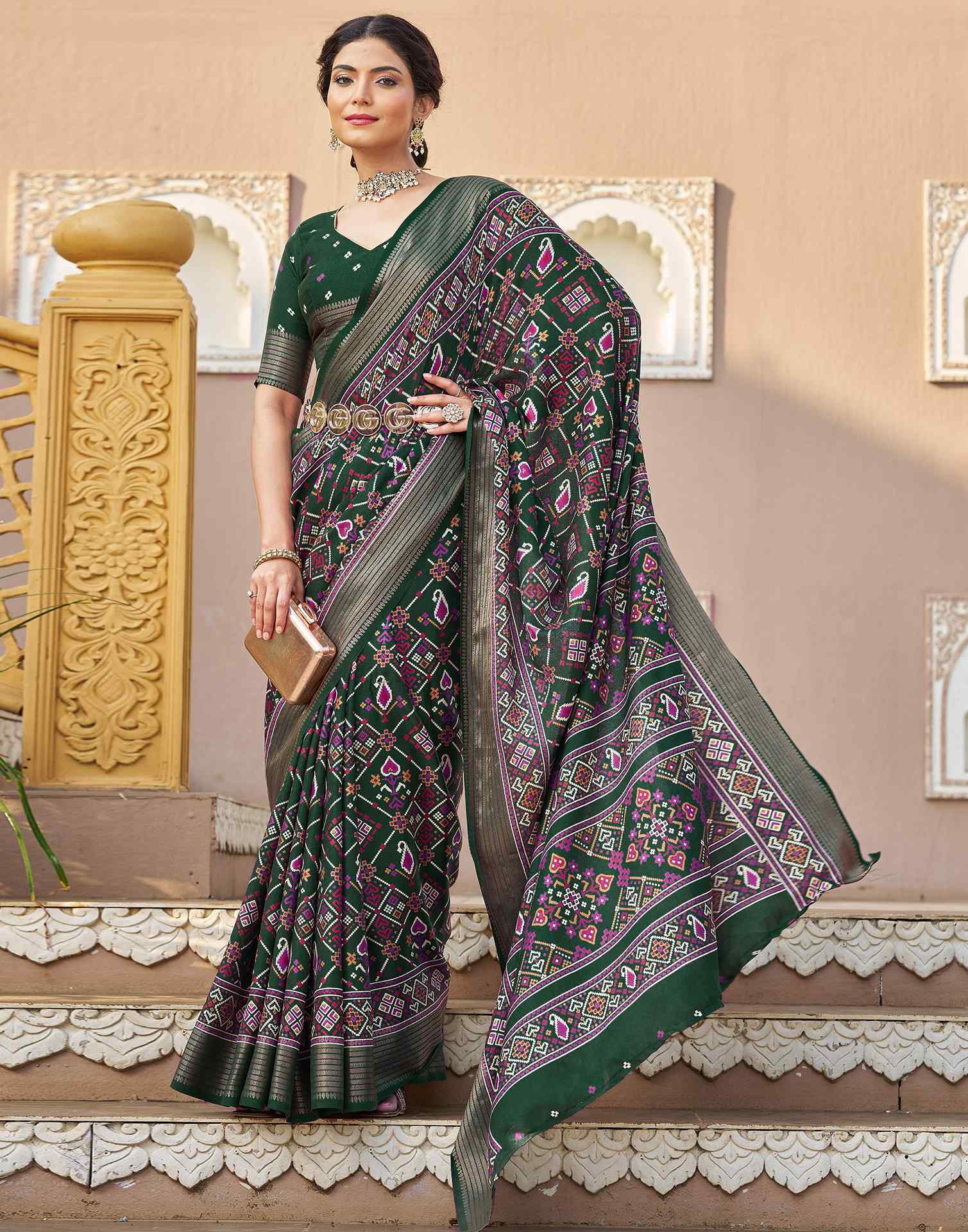 Dark Green Silk Printed Patola Saree - Image 6