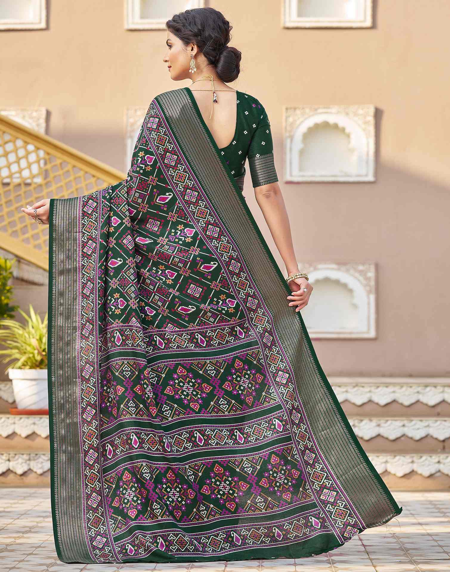 Dark Green Silk Printed Patola Saree - Image 7