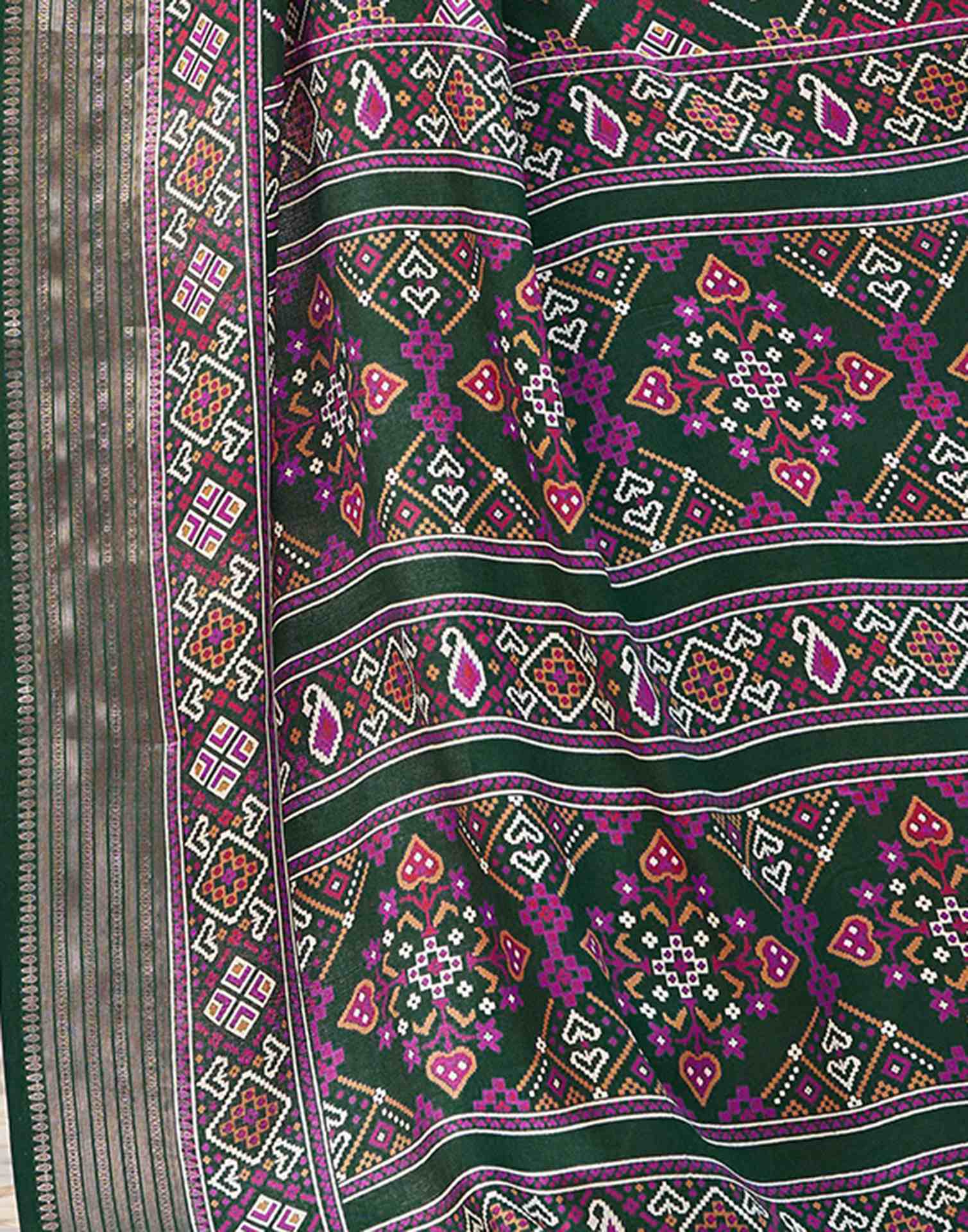 Dark Green Silk Printed Patola Saree - Image 9