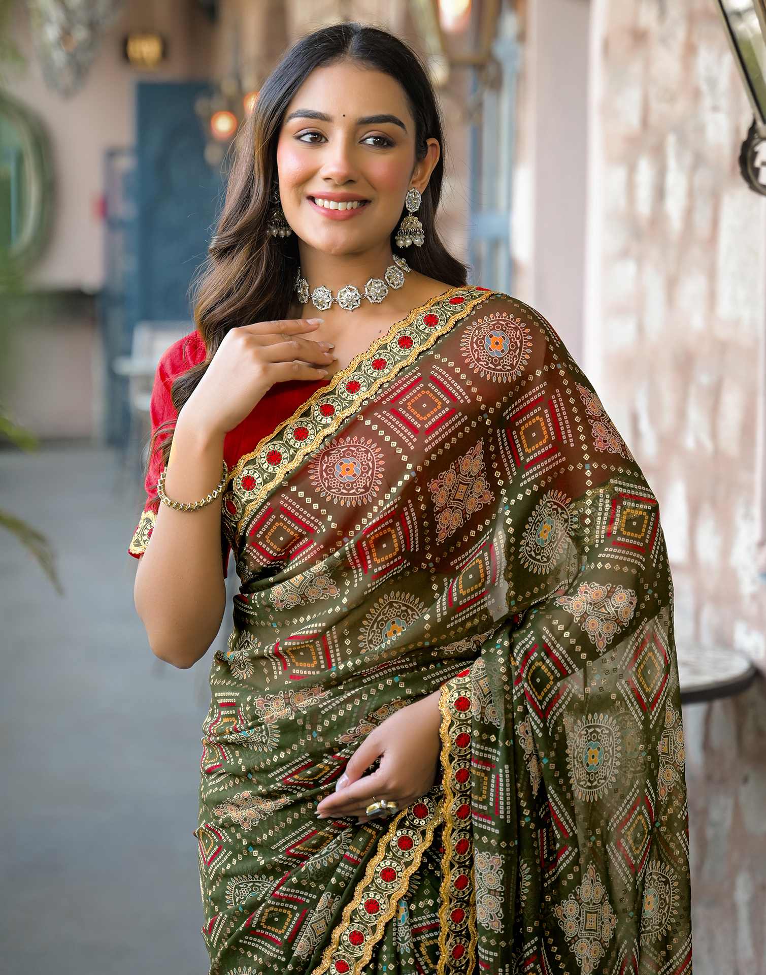 Dark Green Georgette Bandhani Printed Lace Saree - Image 2