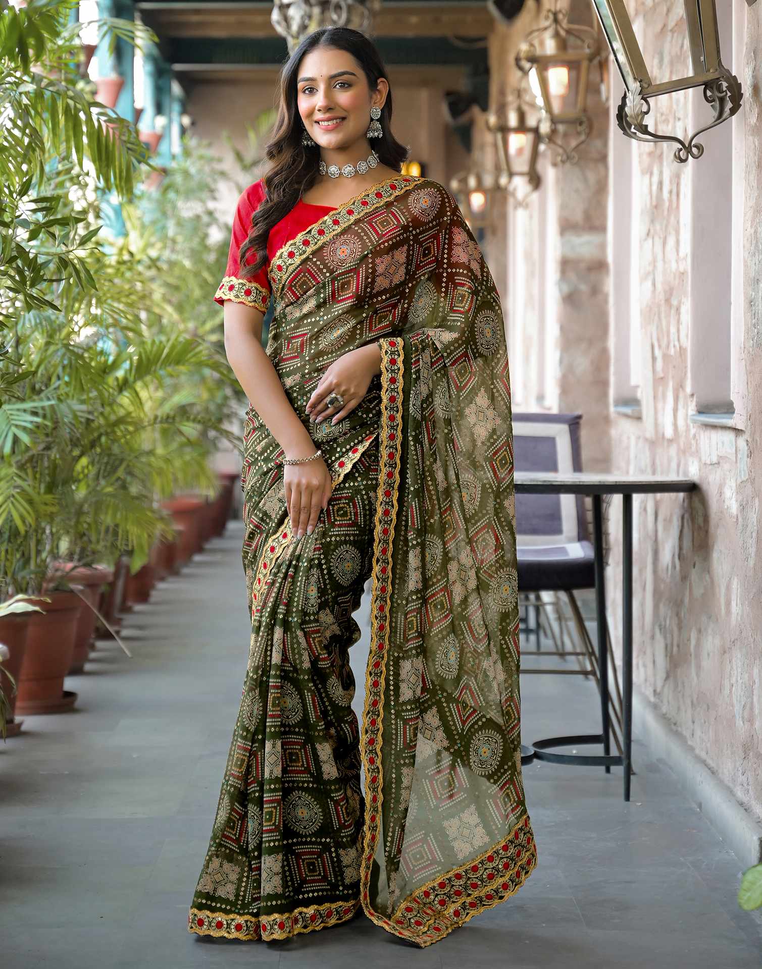 Dark Green Georgette Bandhani Printed Lace Saree - Image 4