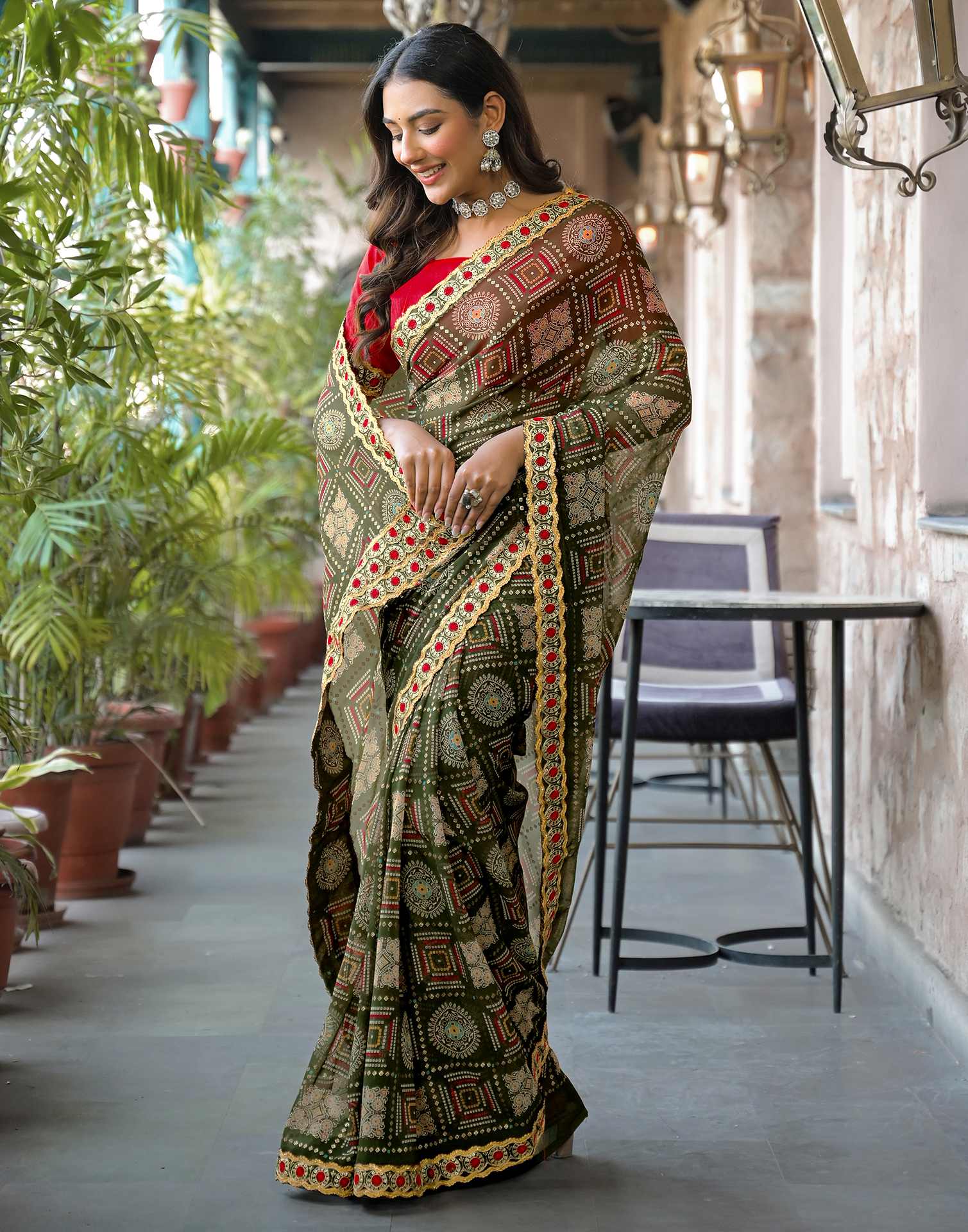 Dark Green Georgette Bandhani Printed Lace Saree - Image 7