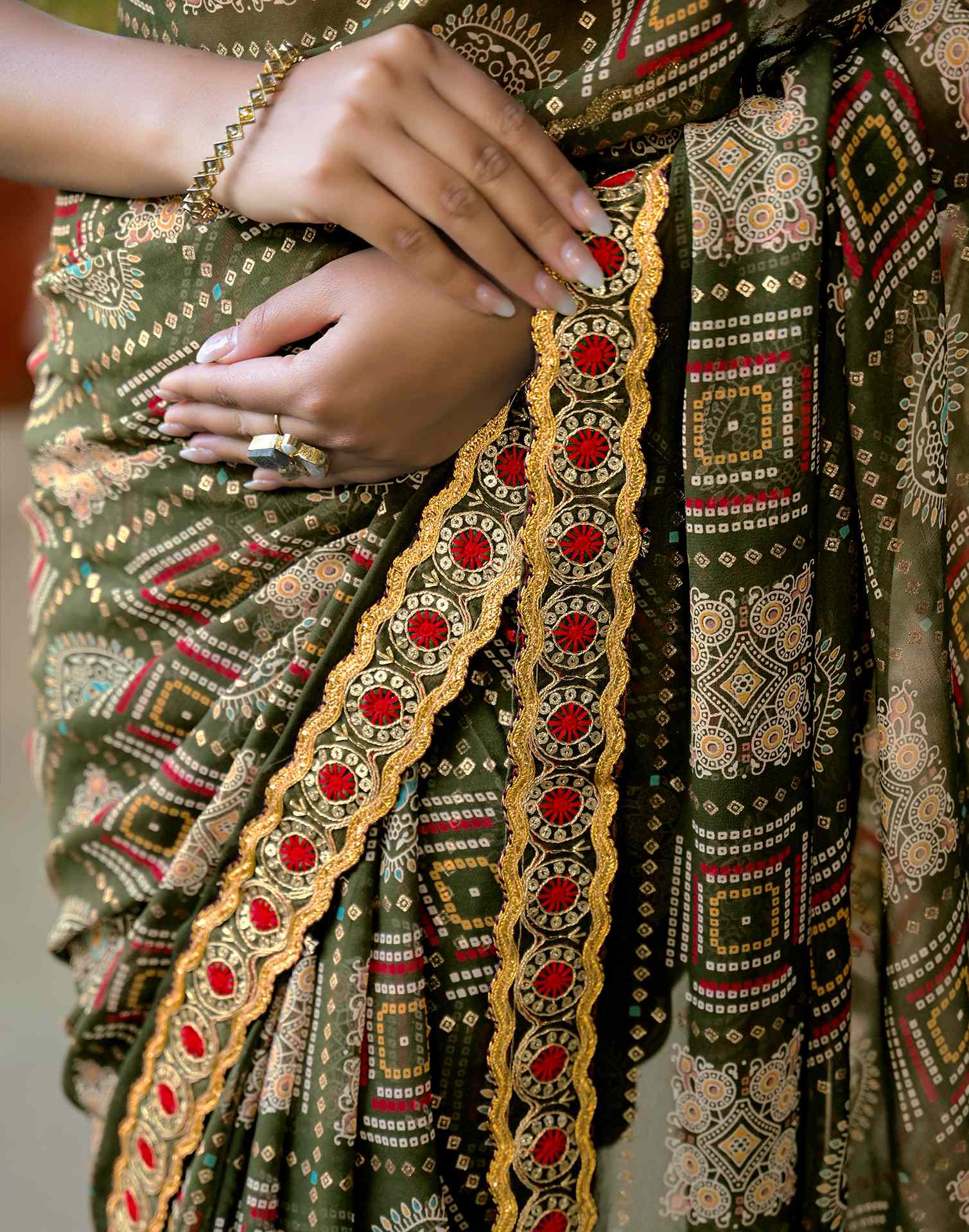 Dark Green Georgette Bandhani Printed Lace Saree - Image 8