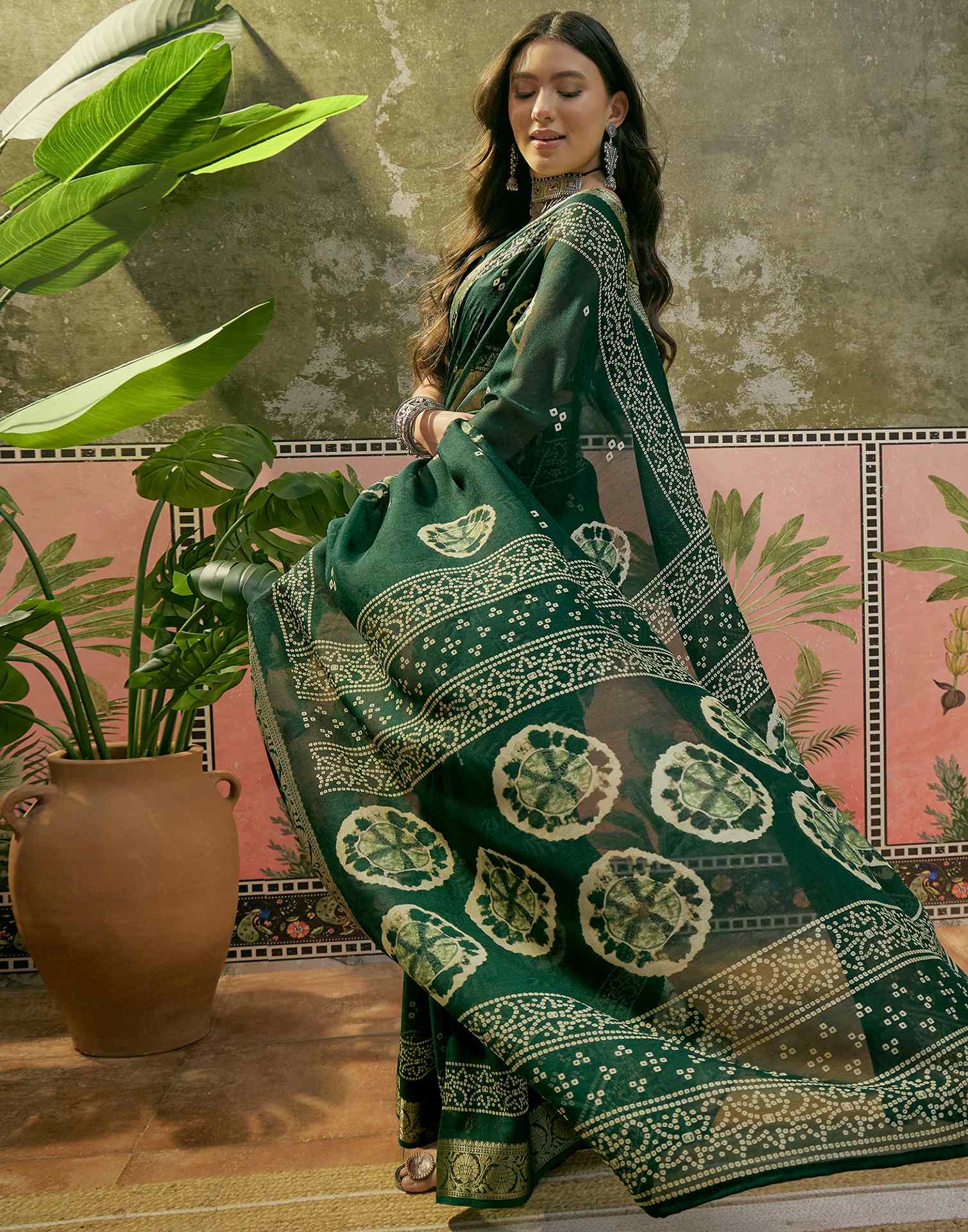 Dark Green Georgette Bandhani Printed Saree - Image 4