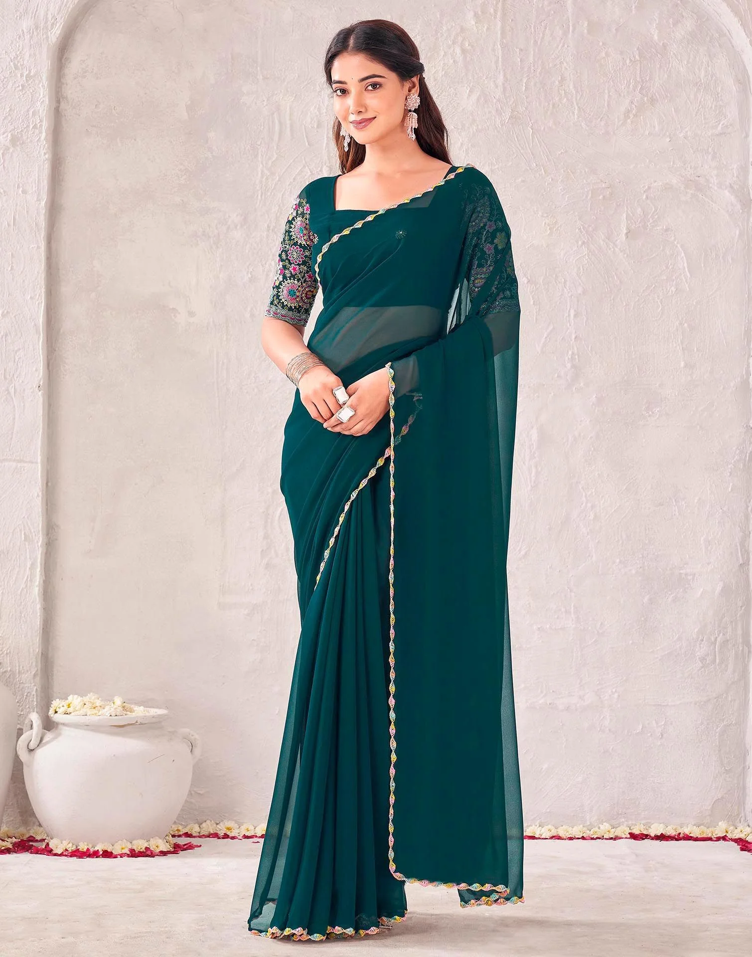 Dark Green Georgette Embroidery Saree