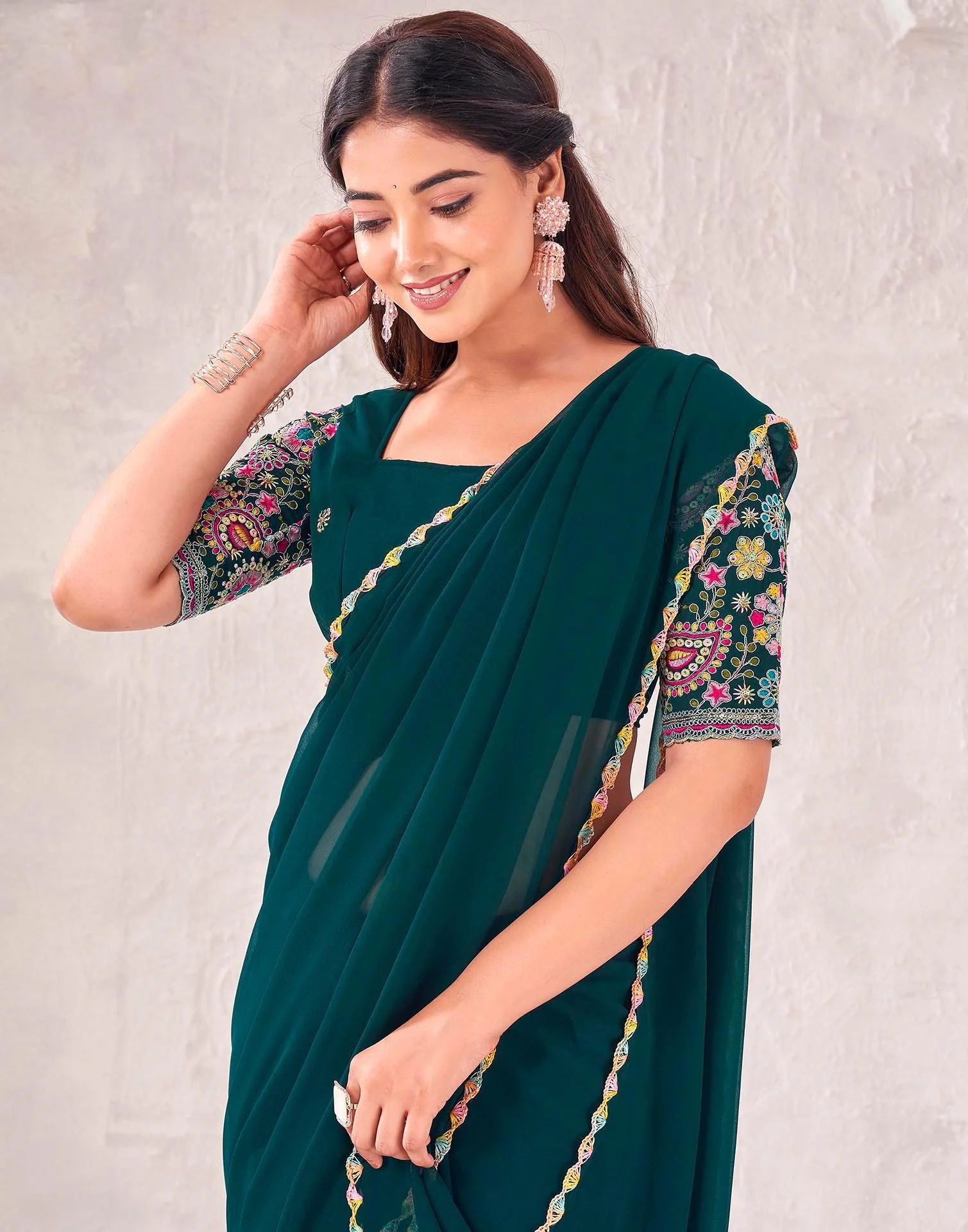 Dark Green Georgette Embroidery Saree - Image 2