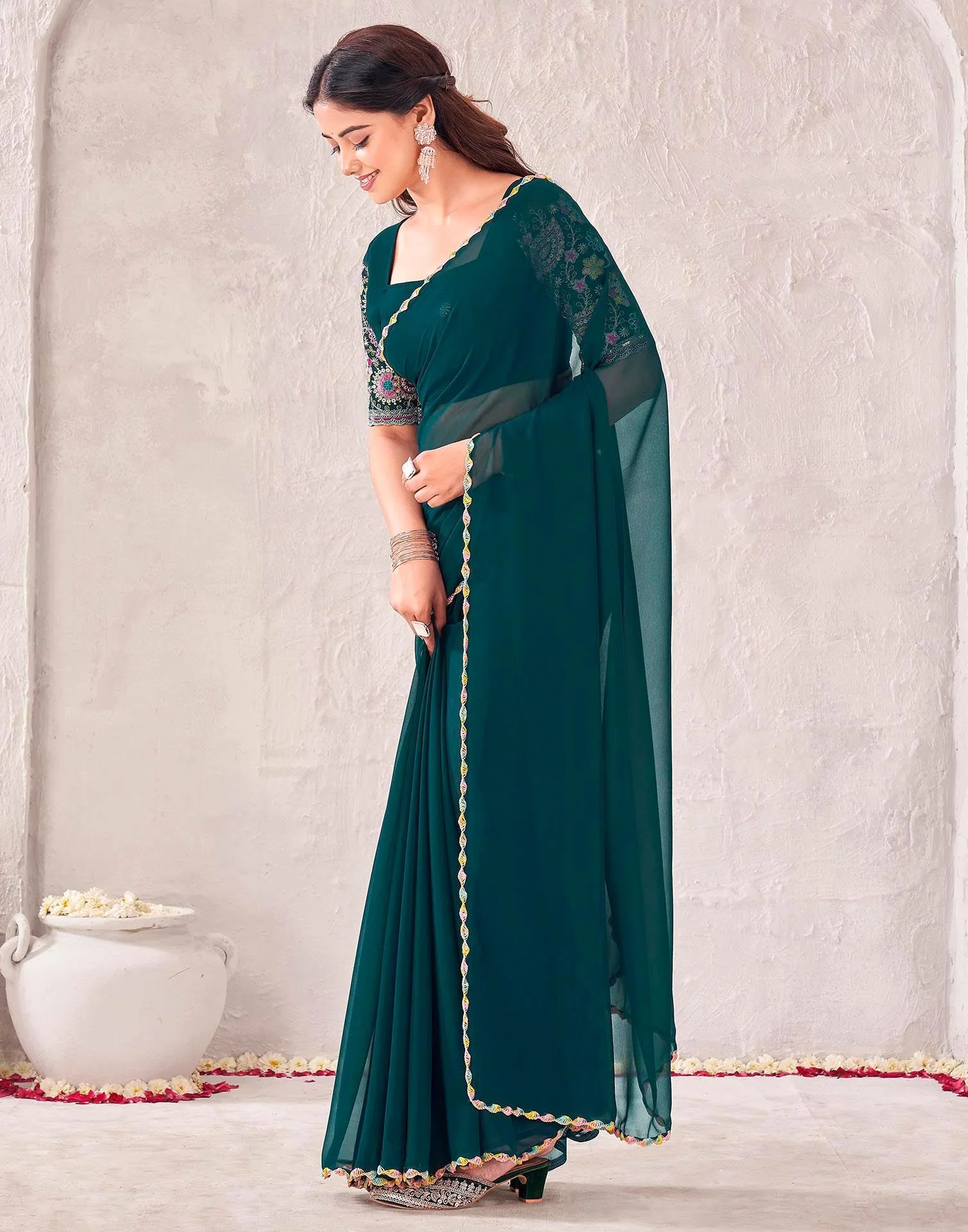 Dark Green Georgette Embroidery Saree - Image 4
