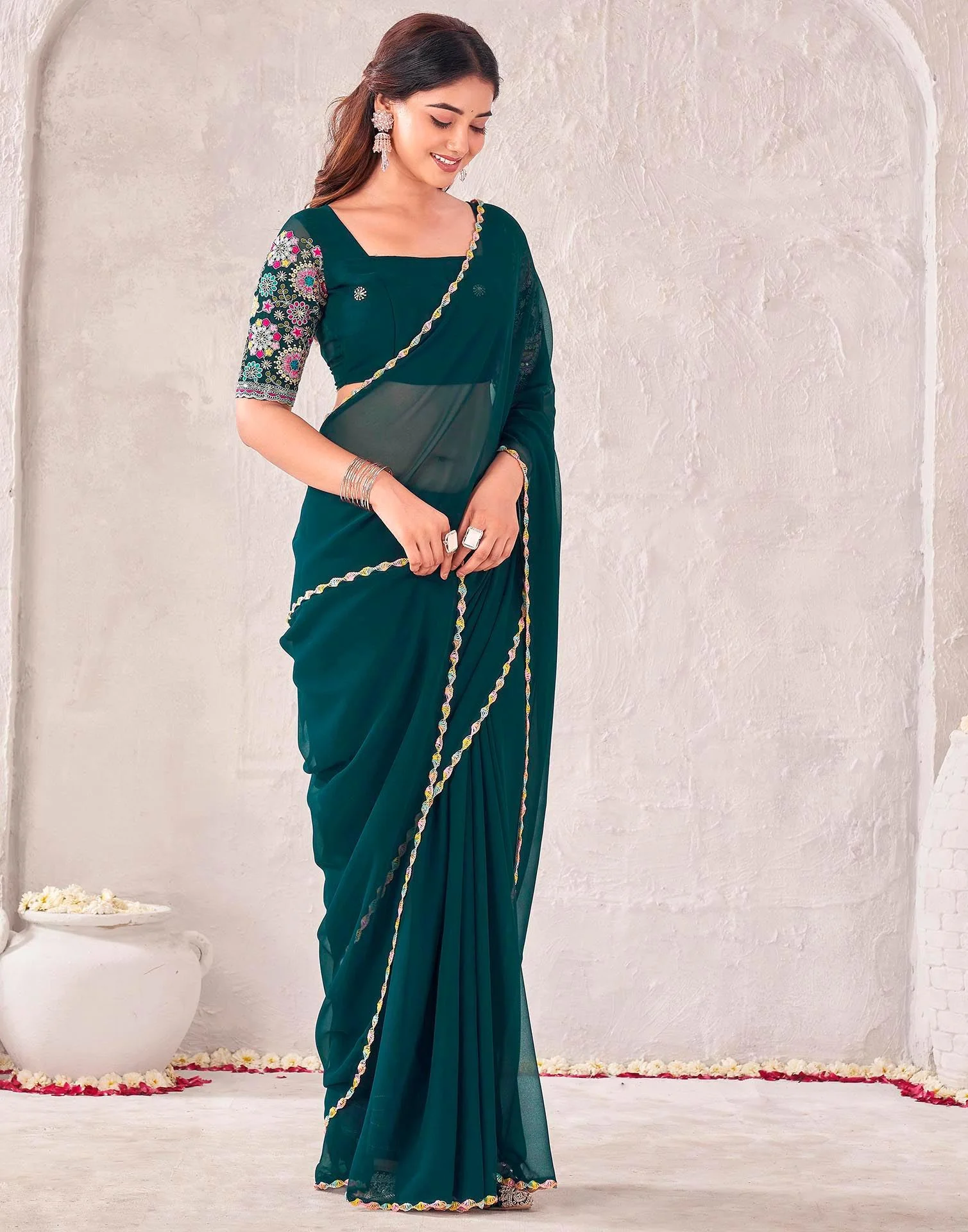 Dark Green Georgette Embroidery Saree - Image 5
