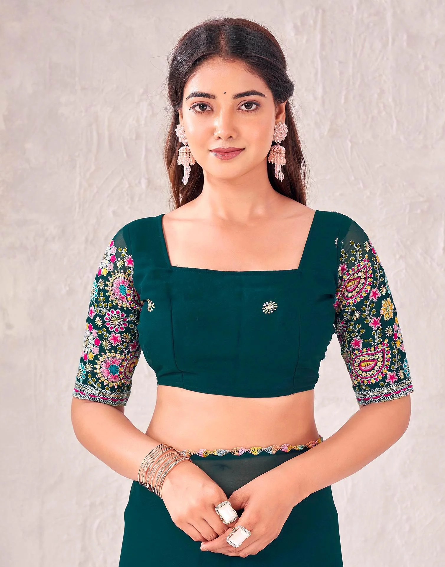 Dark Green Georgette Embroidery Saree - Image 8
