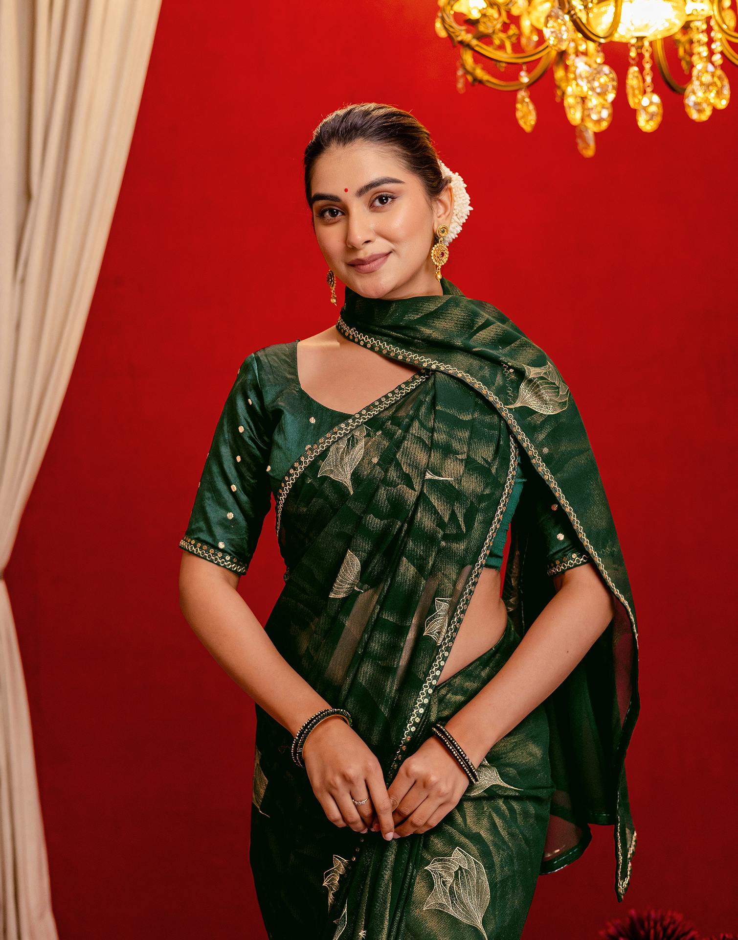 Dark Green Georgette Foil Printed Lace Saree - Image 10