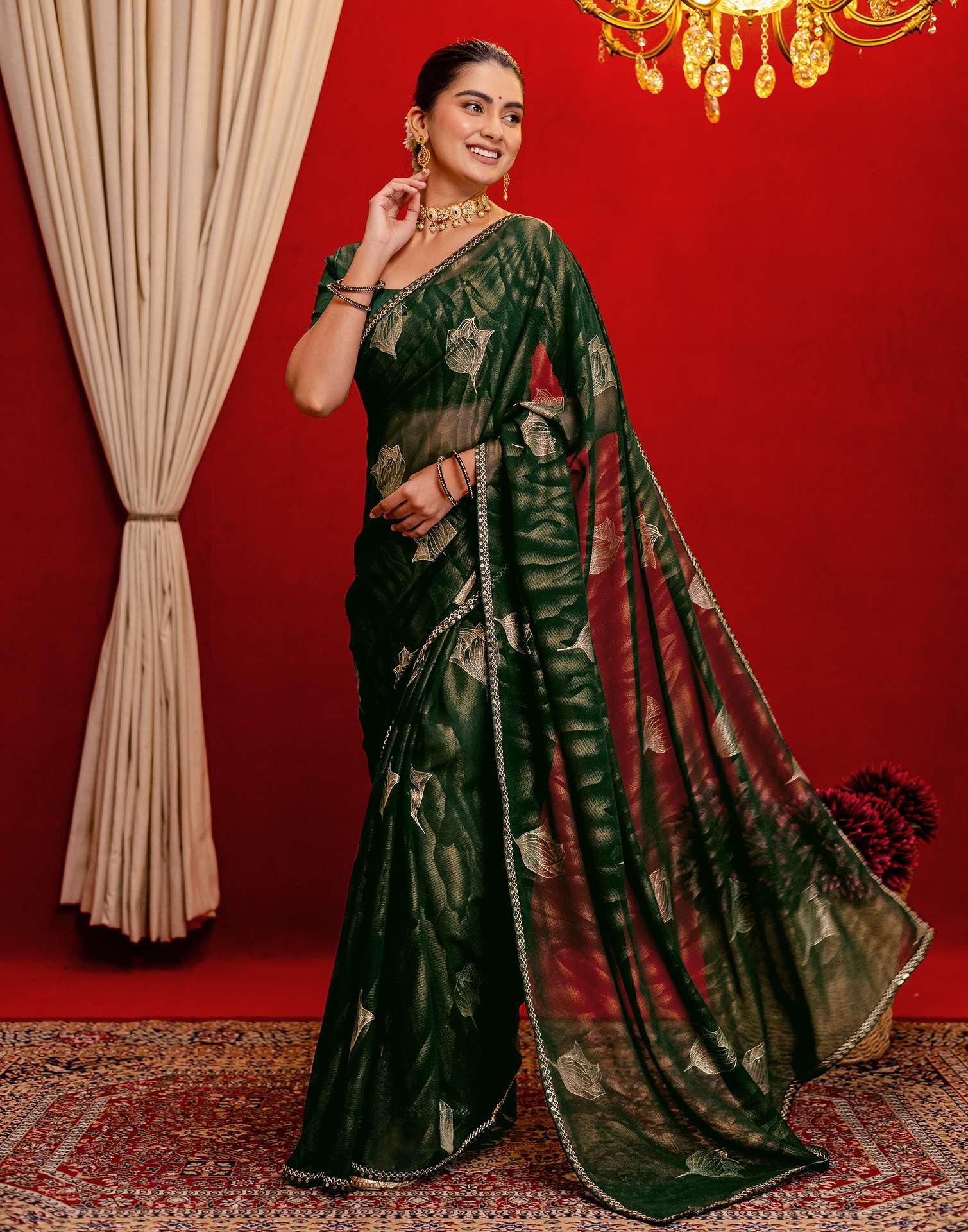 Dark Green Georgette Foil Printed Lace Saree - Image 4