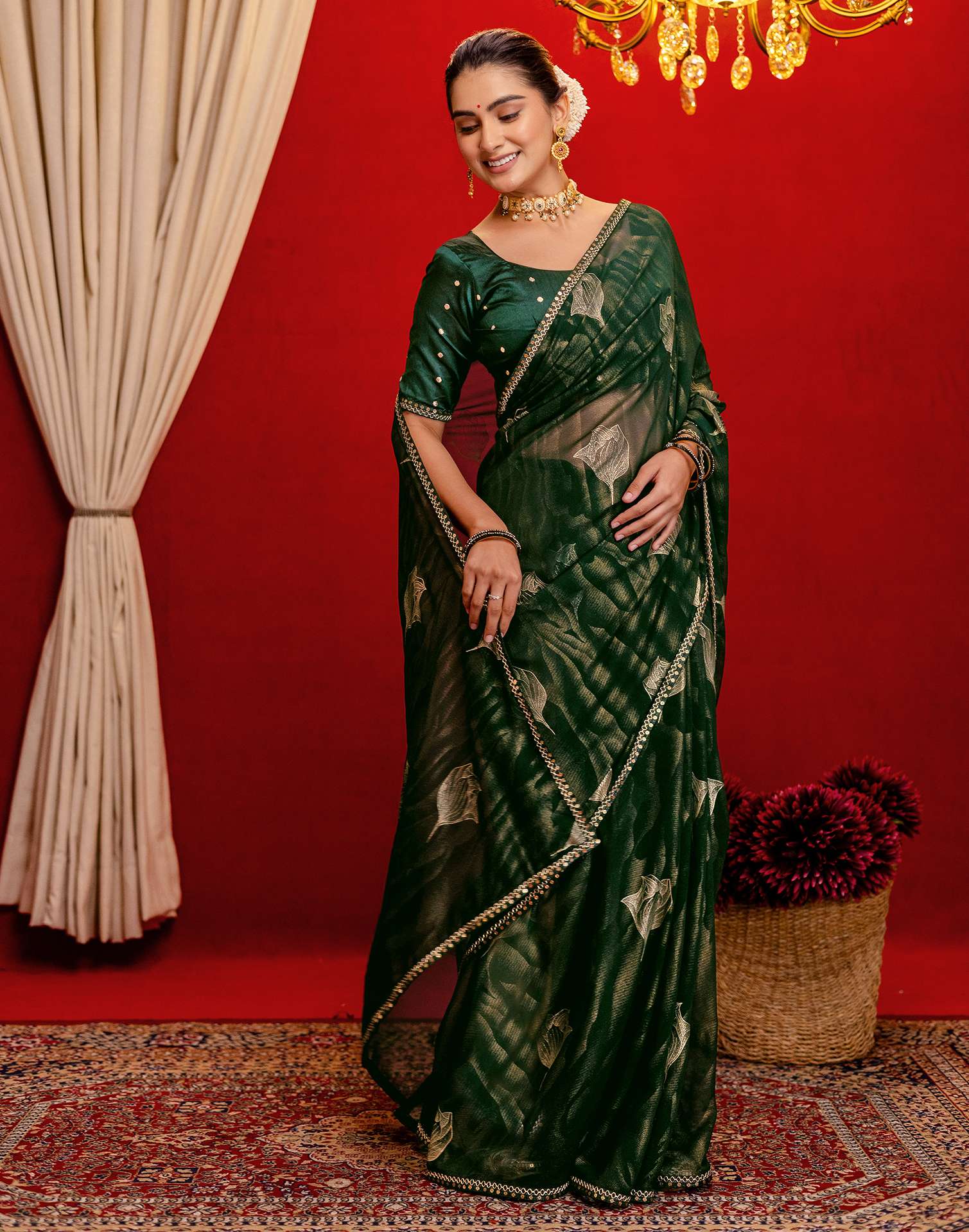 Dark Green Georgette Foil Printed Lace Saree - Image 5
