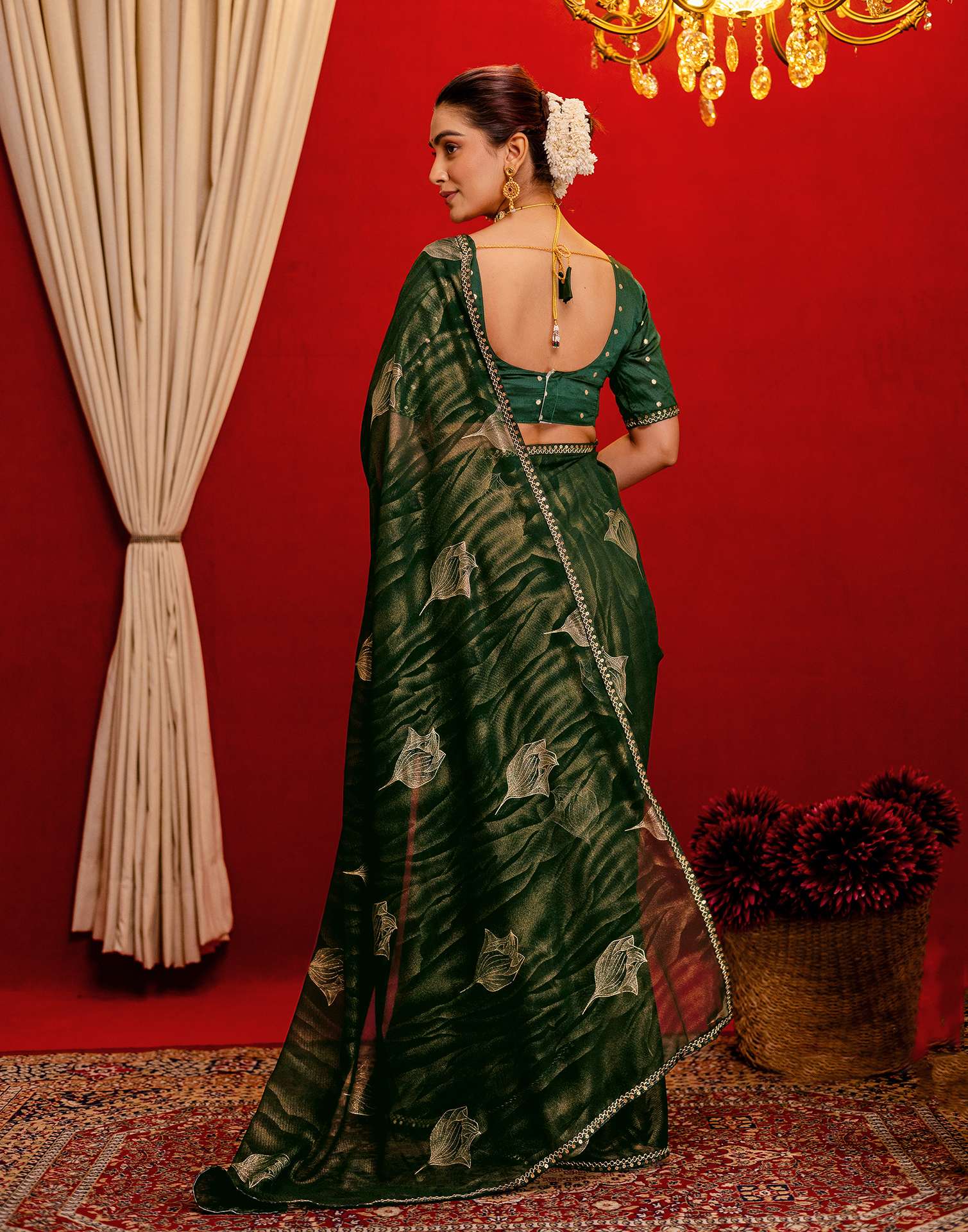Dark Green Georgette Foil Printed Lace Saree - Image 6