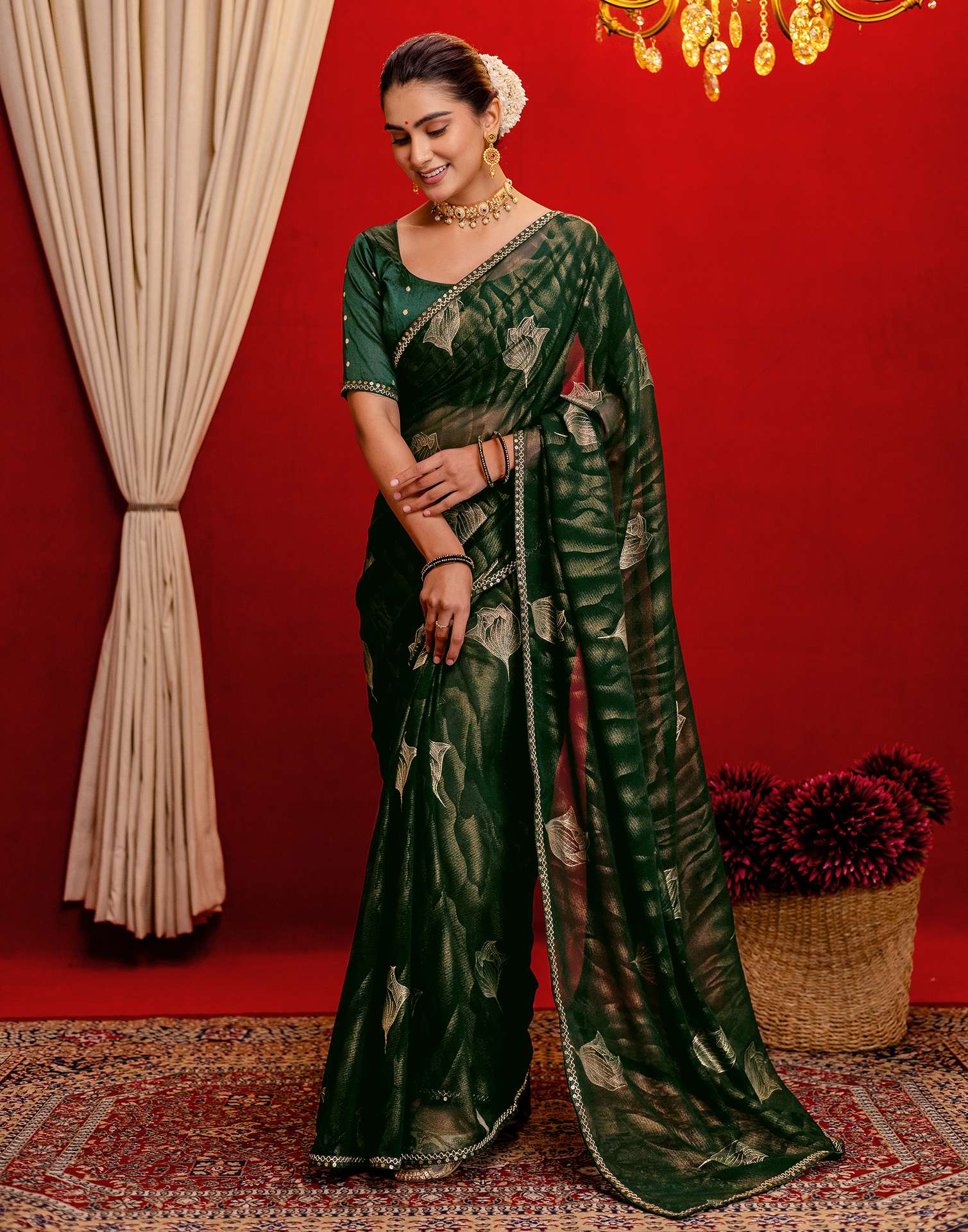Dark Green Georgette Foil Printed Lace Saree - Image 7