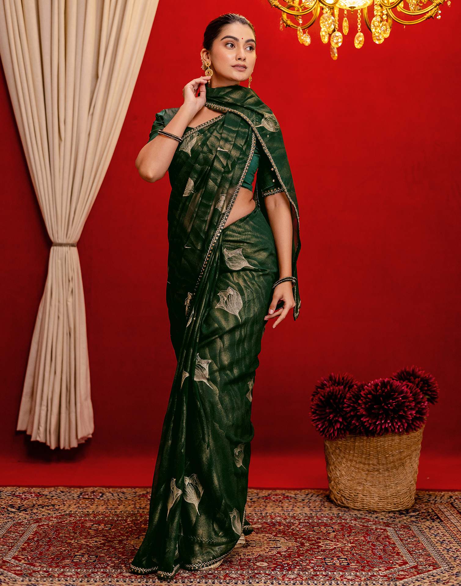Dark Green Georgette Foil Printed Lace Saree - Image 8