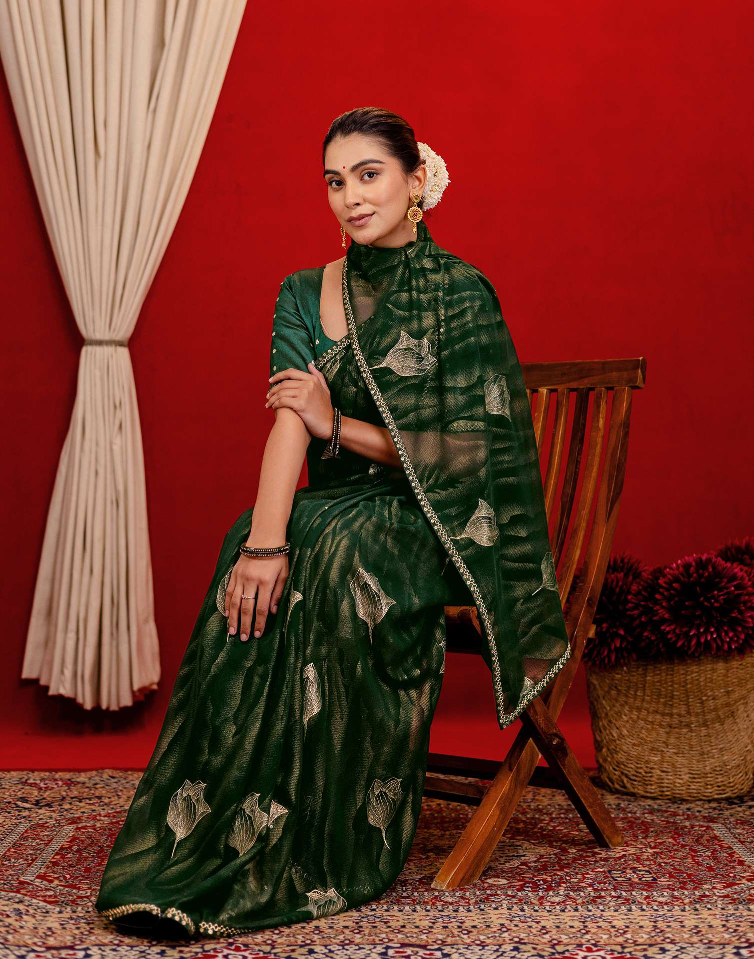 Dark Green Georgette Foil Printed Lace Saree - Image 9