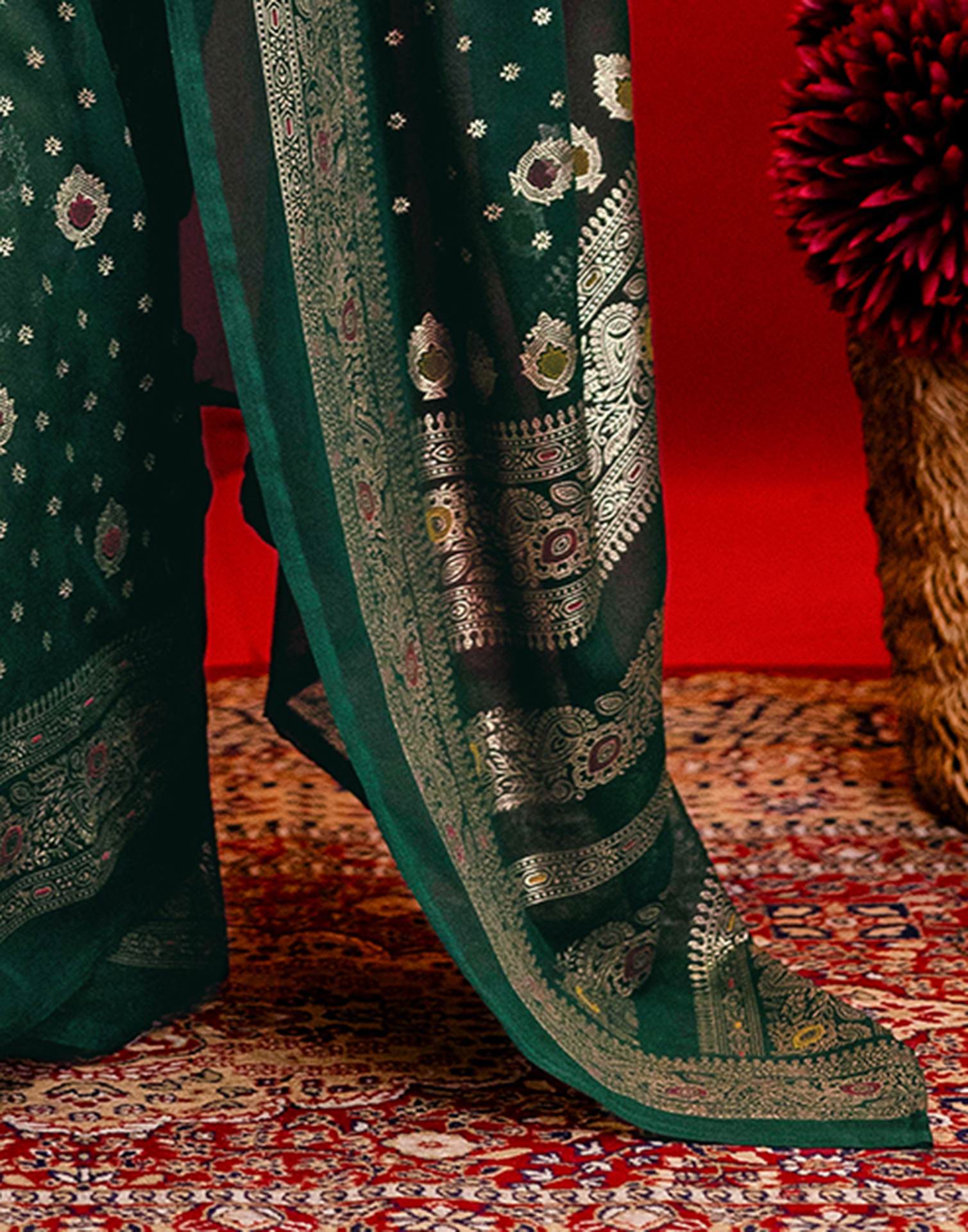 Dark Green Georgette Foil Printed Saree - Image 10
