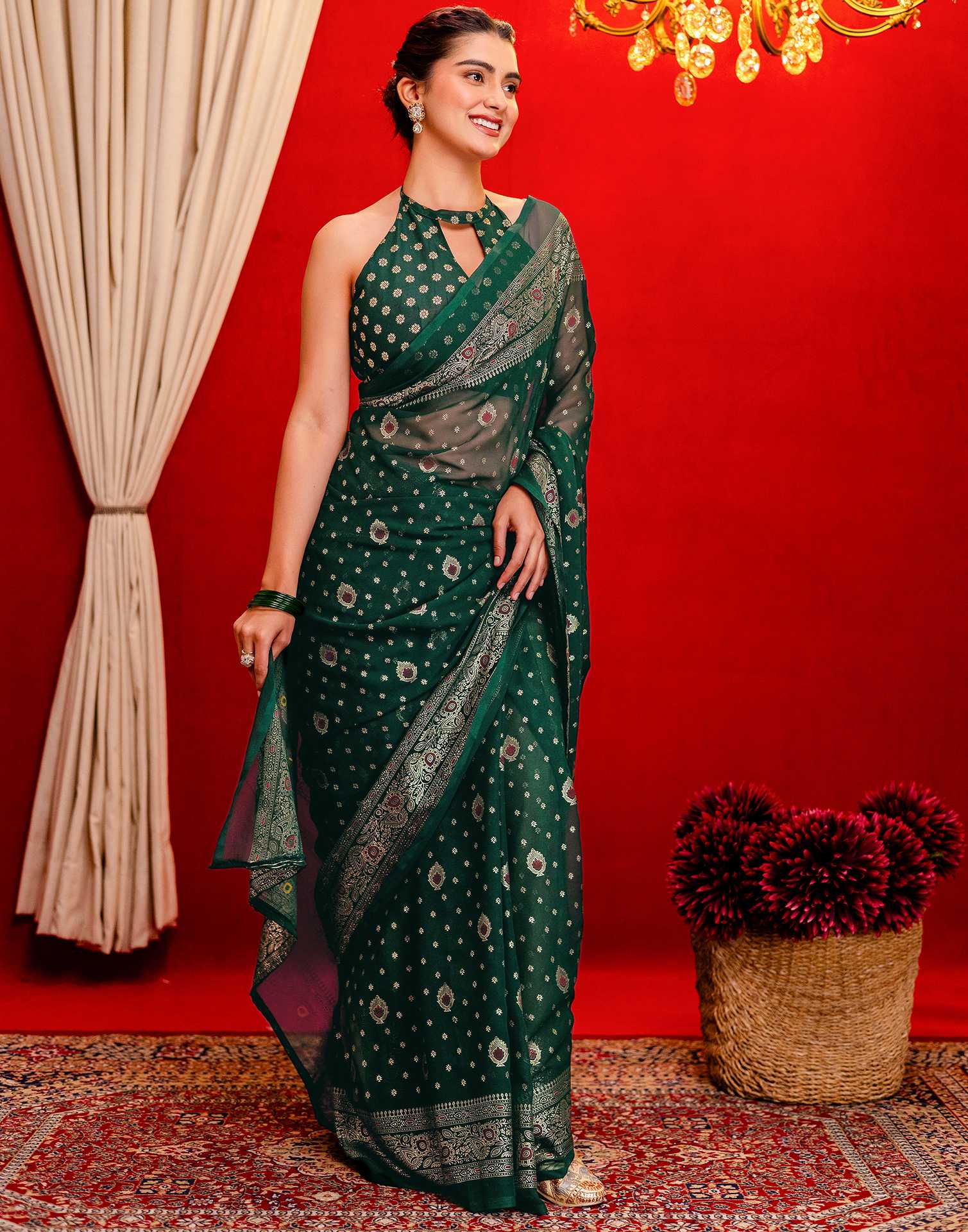 Dark Green Georgette Foil Printed Saree - Image 8