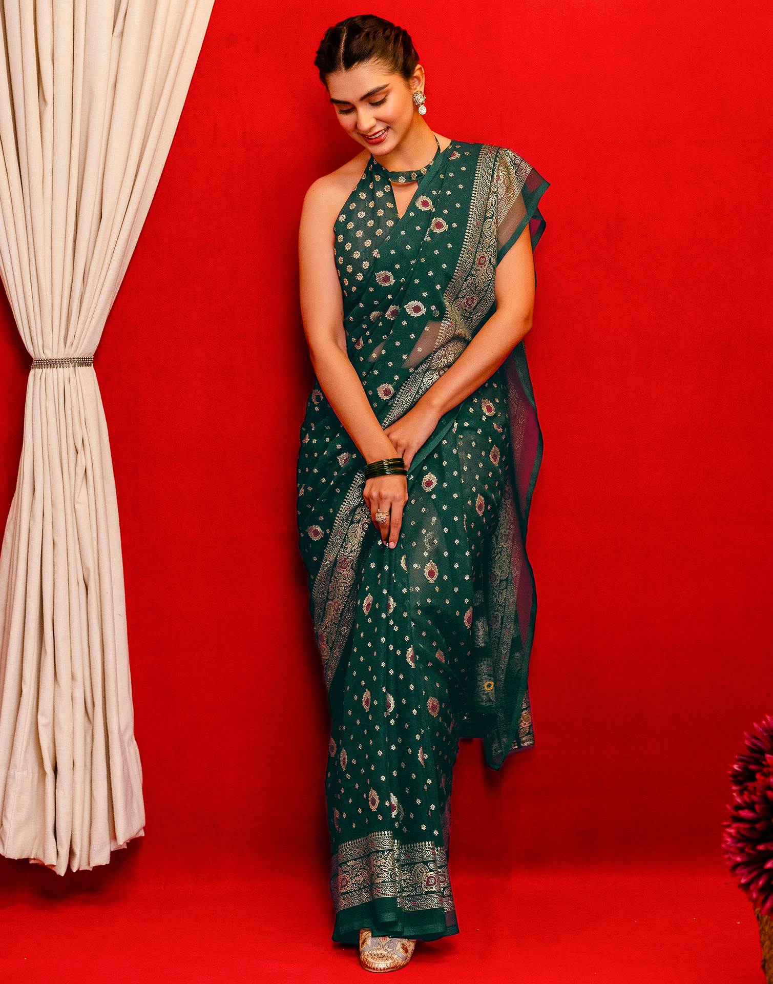 Dark Green Georgette Foil Printed Saree - Image 9