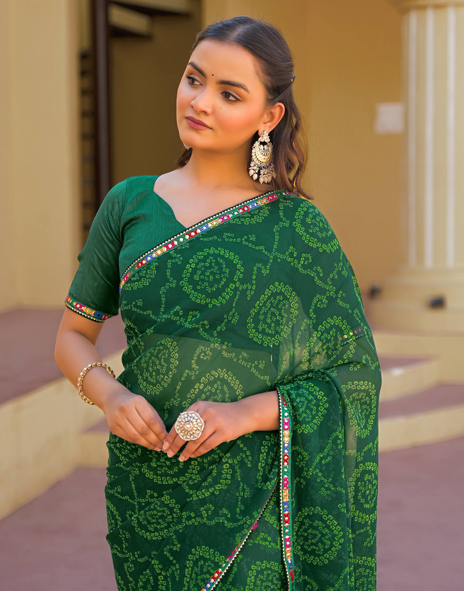 Dark Green Georgette Printed Bandhani Saree - Image 2