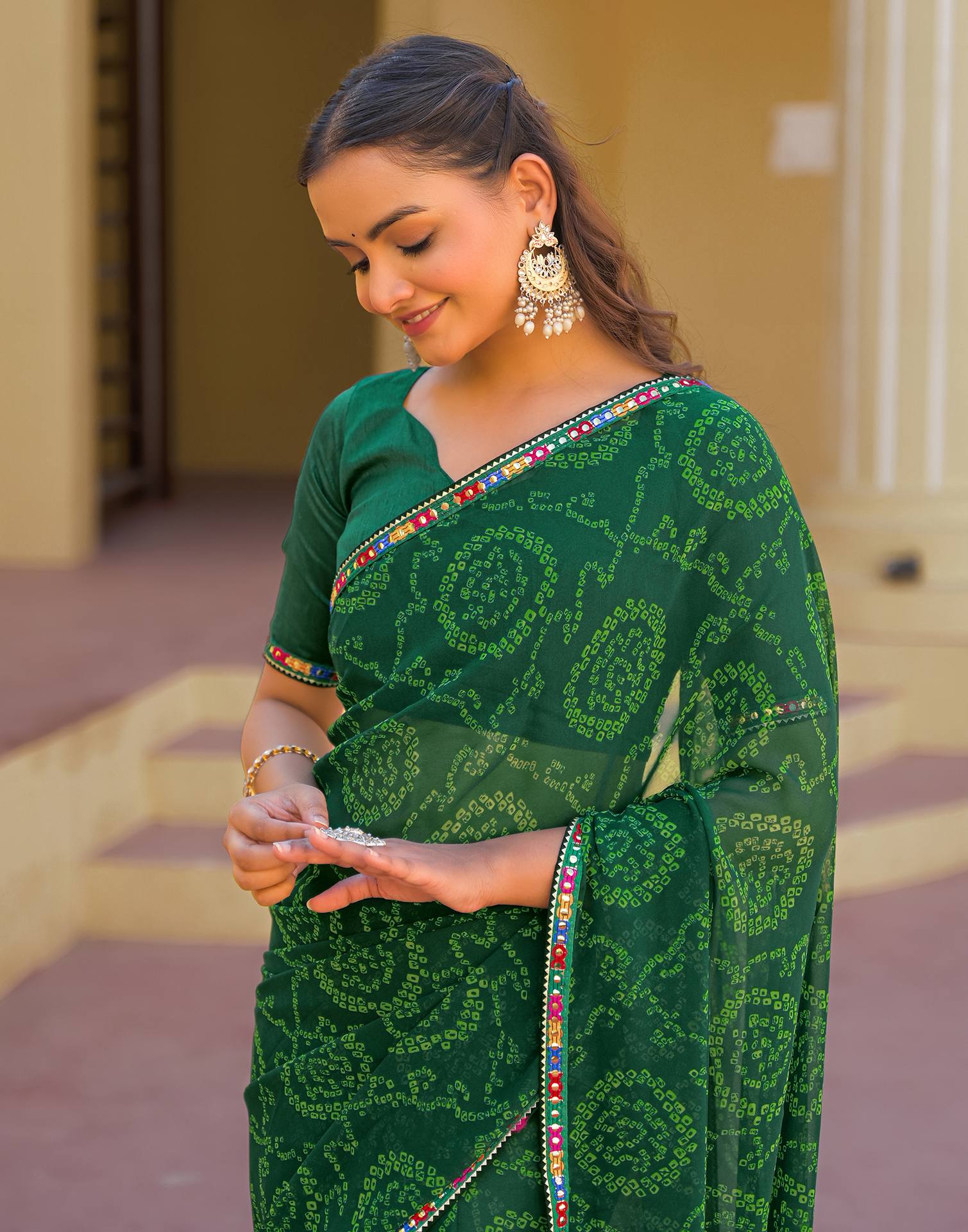 Dark Green Georgette Printed Bandhani Saree - Image 4
