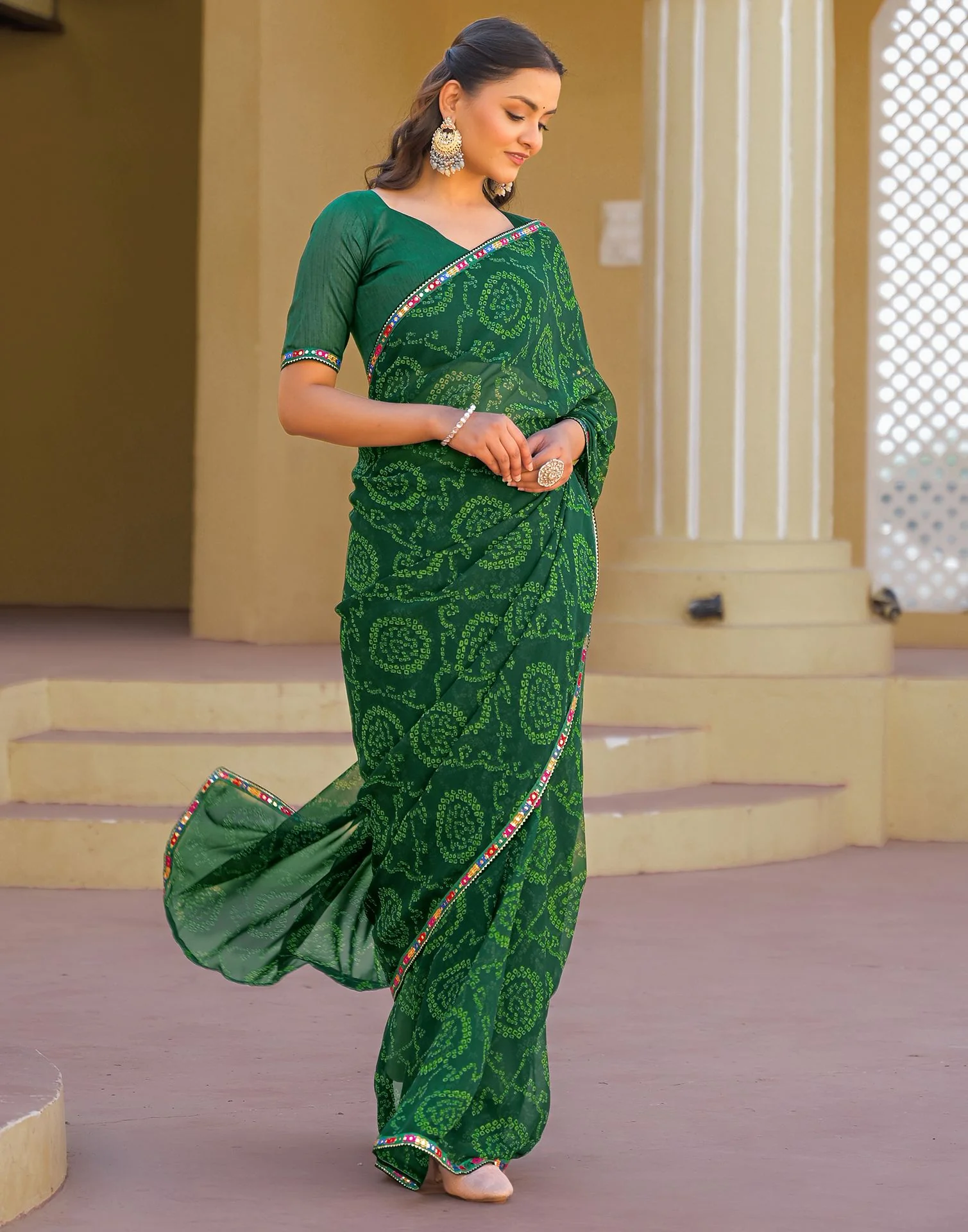 Dark Green Georgette Printed Bandhani Saree - Image 5