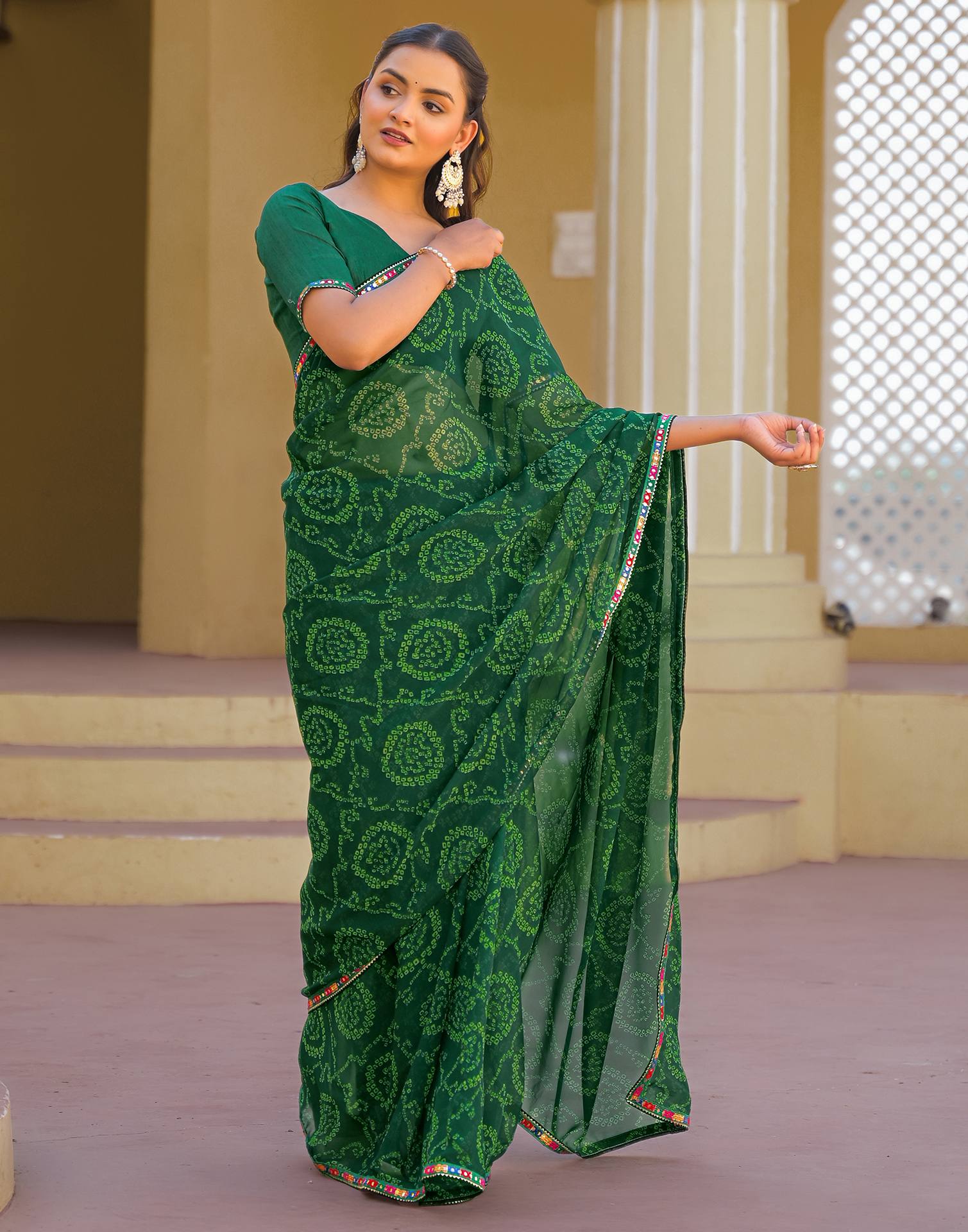 Dark Green Georgette Printed Bandhani Saree - Image 6